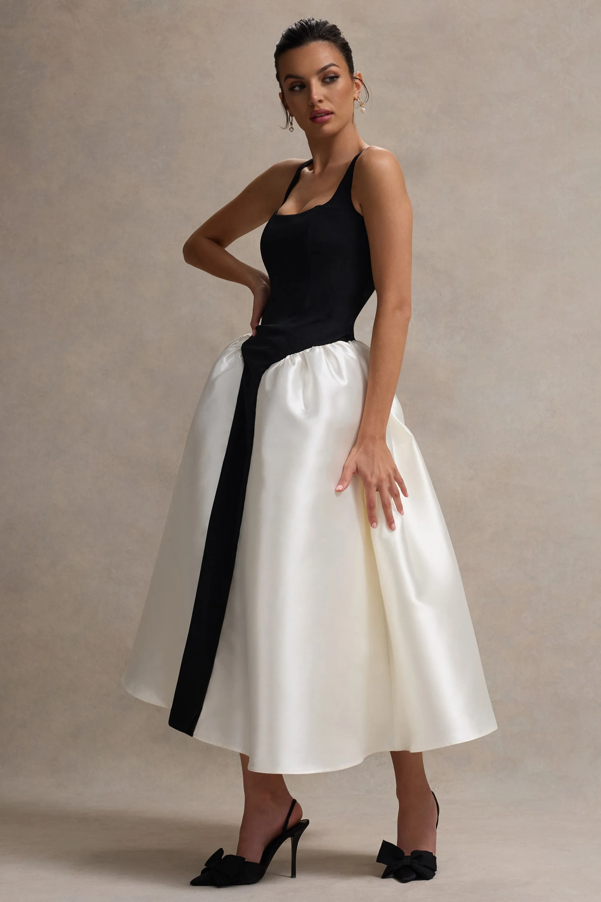 Christie | Black and Cream Scoop-Neck Midi Dress With Volume Skirt Club L London