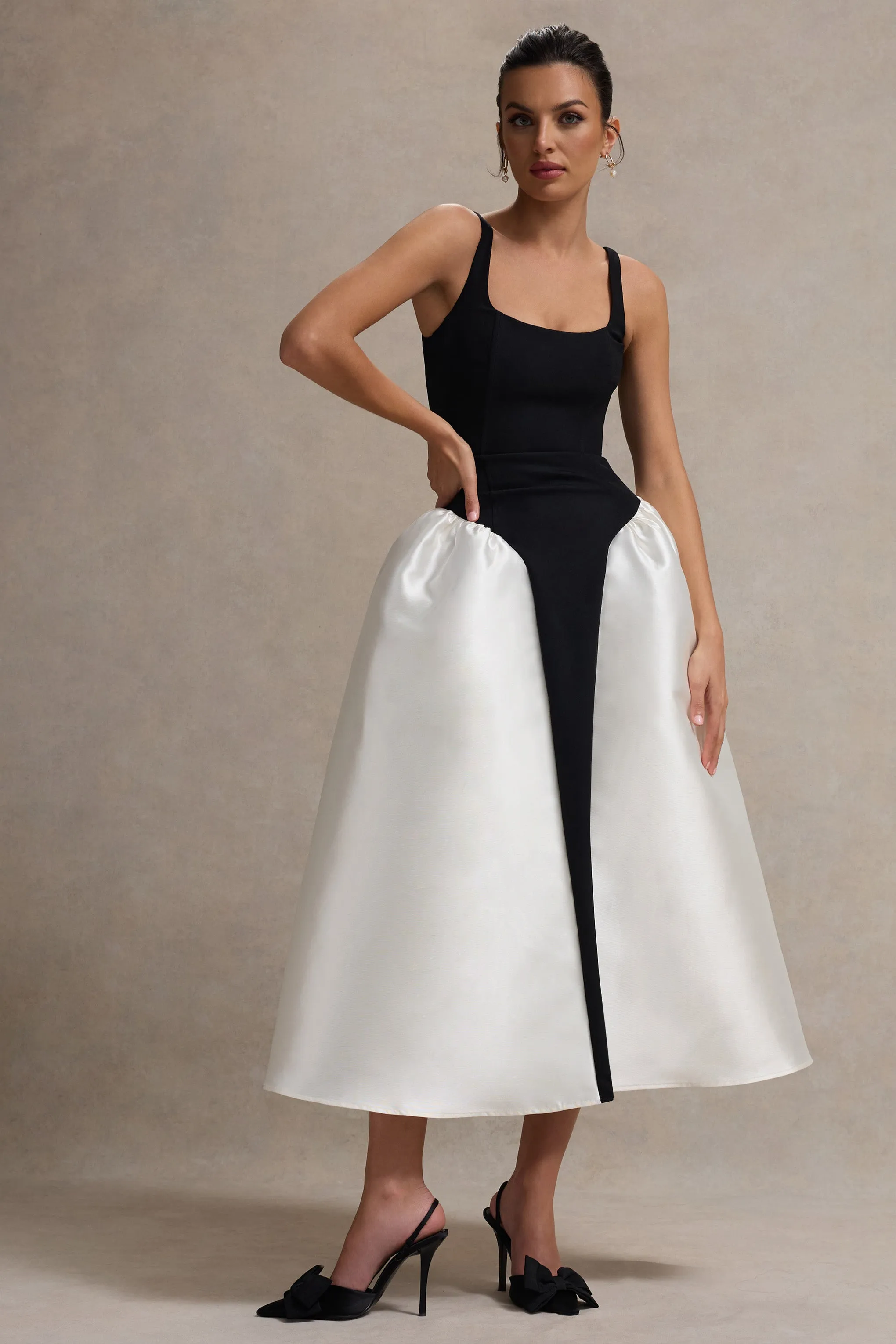 Christie | Black and Cream Scoop-Neck Midi Dress With Volume Skirt Club L London