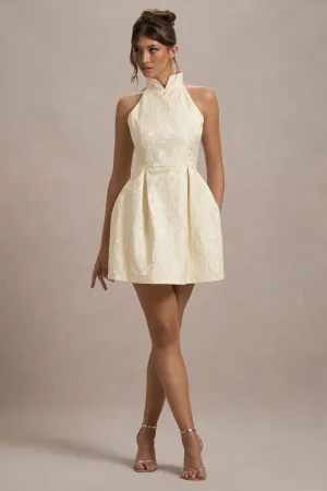 Costa | Ecru Jacquard High-Neck Mini Dress With Pleated Skirt Club L London