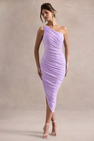 Dorit | Lilac One Shoulder Asymmetric Ruched Midi Dress Club L London