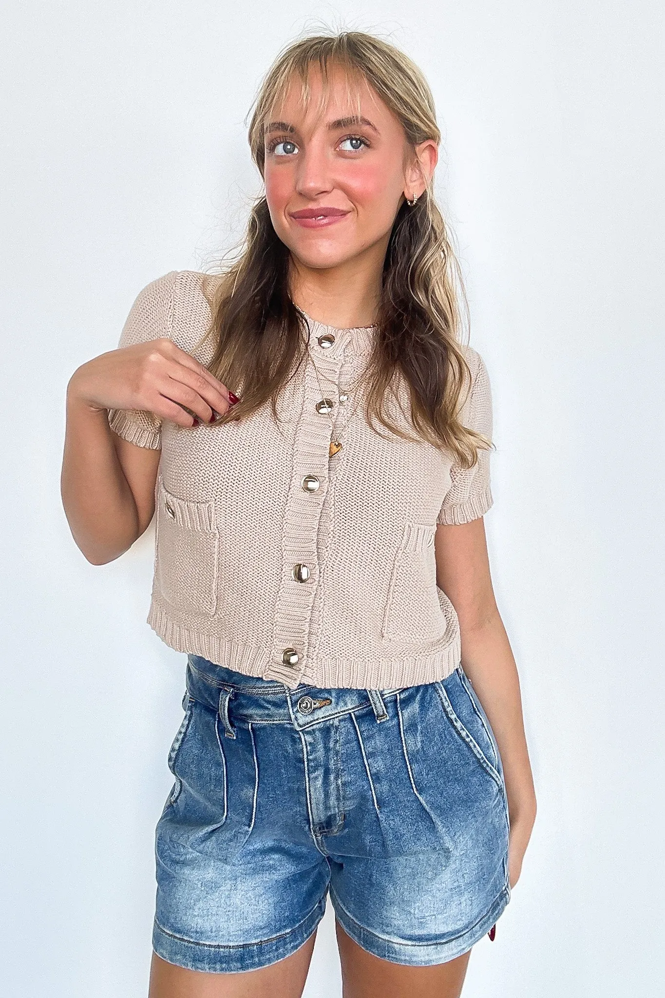 Elese Gold Button Trim Ribbed Top