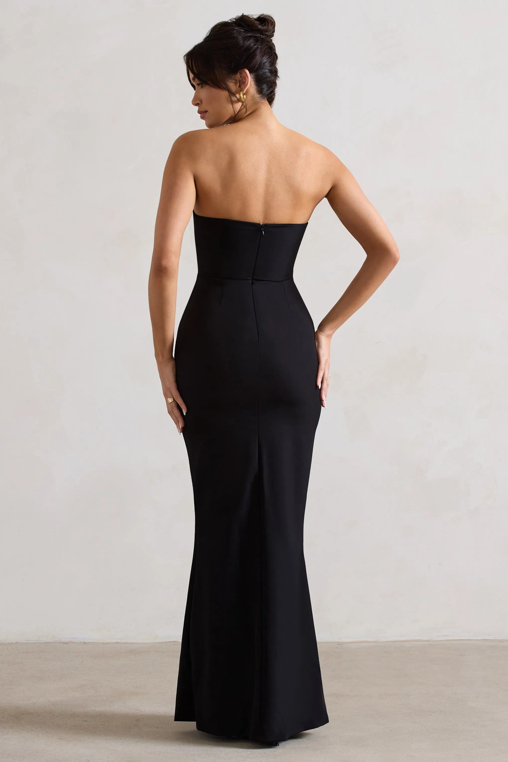 Enticed | Black Strapless V-Neck Maxi Dress With Flowers Club L London