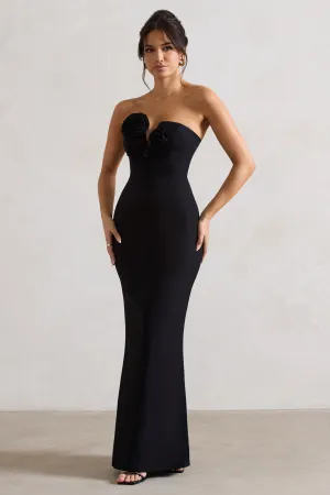 Enticed | Black Strapless V-Neck Maxi Dress With Flowers Club L London