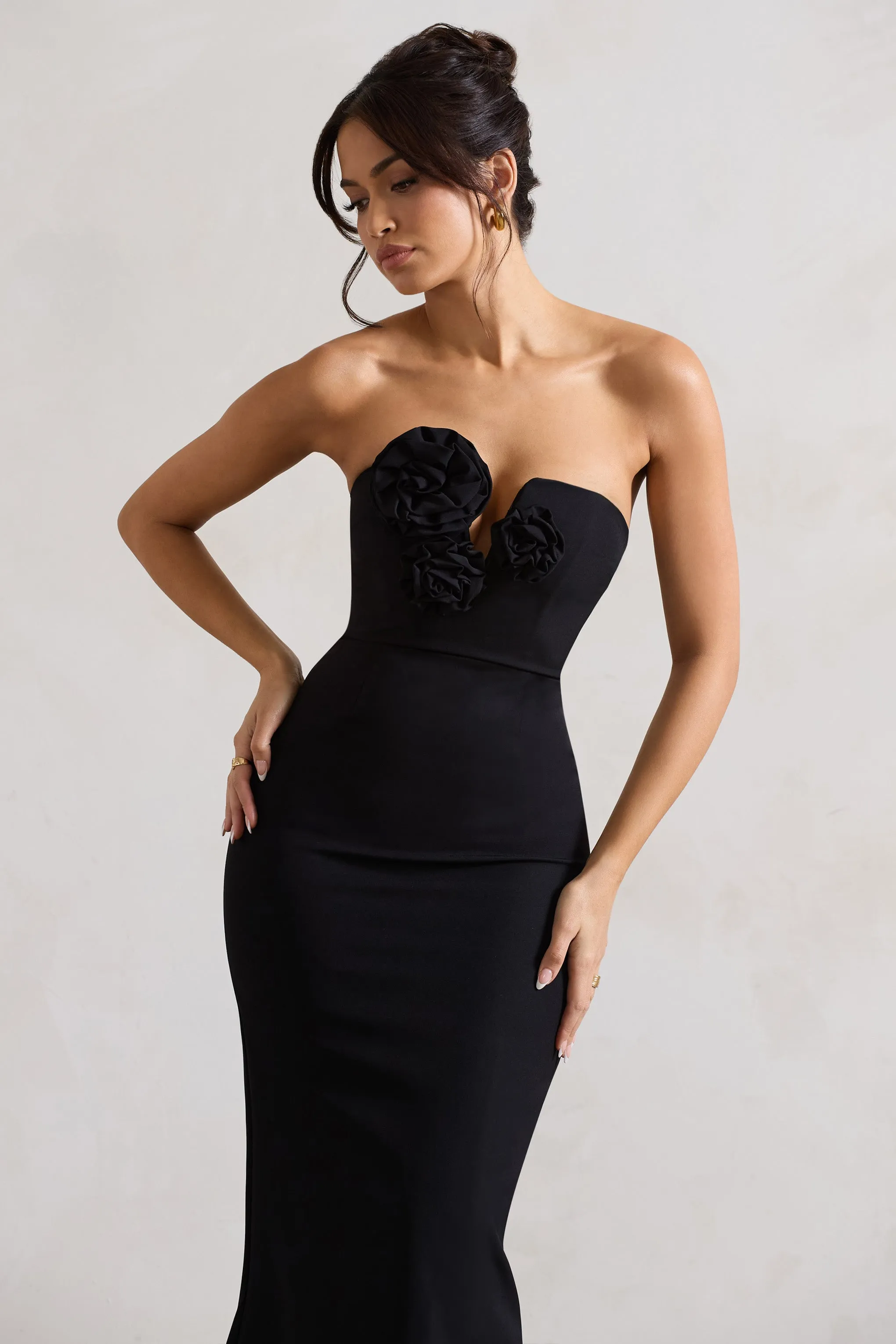 Enticed | Black Strapless V-Neck Maxi Dress With Flowers Club L London