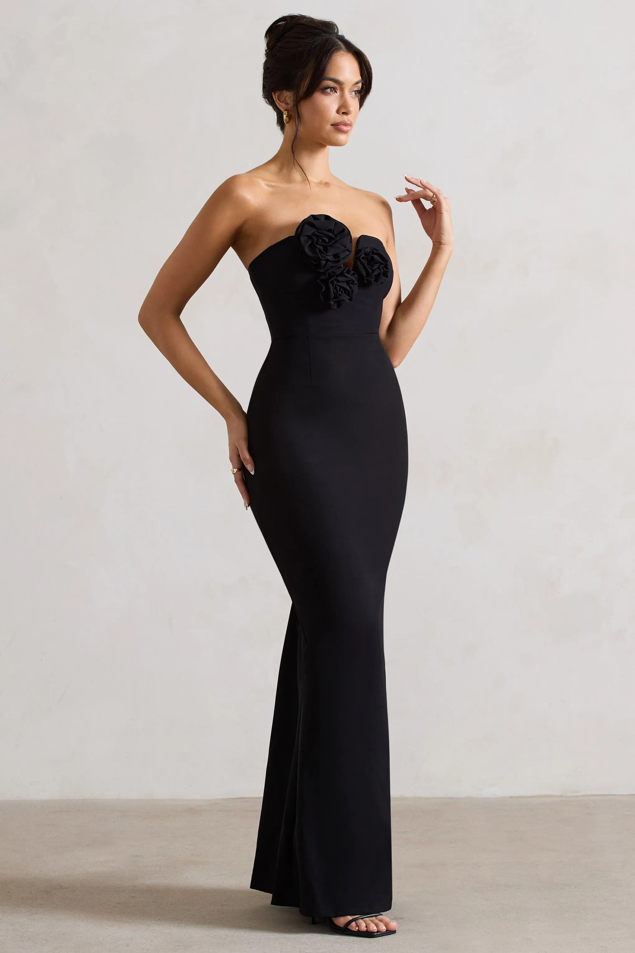 Enticed | Black Strapless V-Neck Maxi Dress With Flowers Club L London
