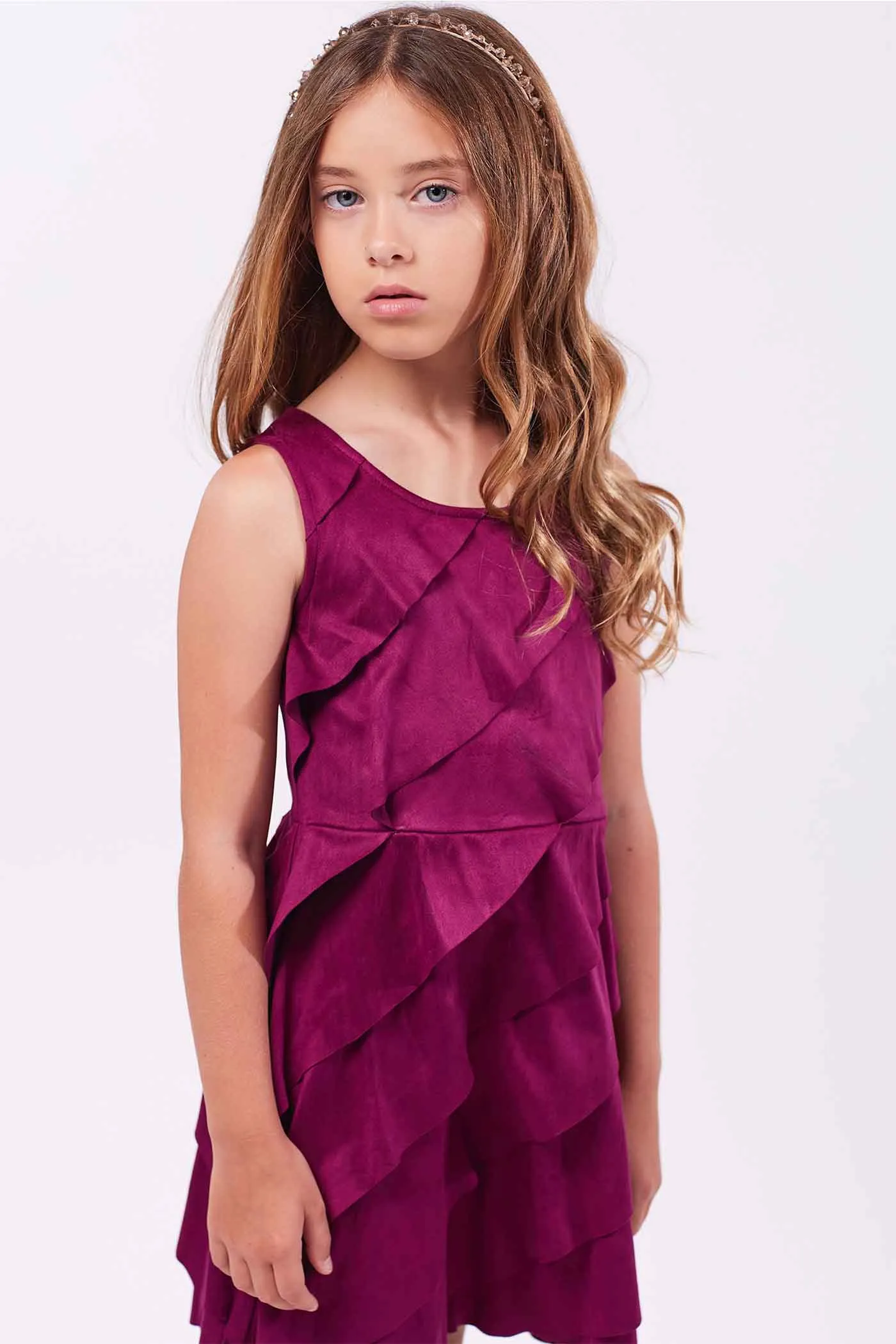 Girls Asymmetrical Ruffle Tiered Sleeveless Suede Dress