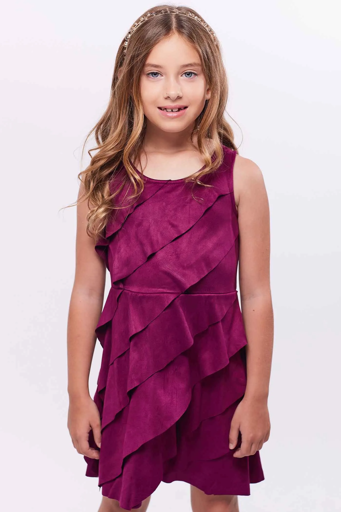 Girls Asymmetrical Ruffle Tiered Sleeveless Suede Dress