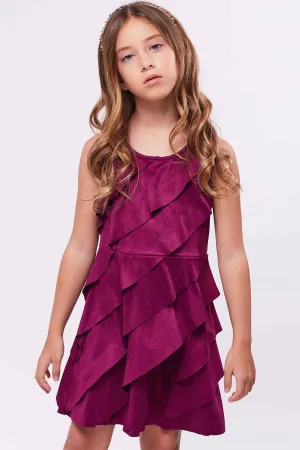Girls Asymmetrical Ruffle Tiered Sleeveless Suede Dress
