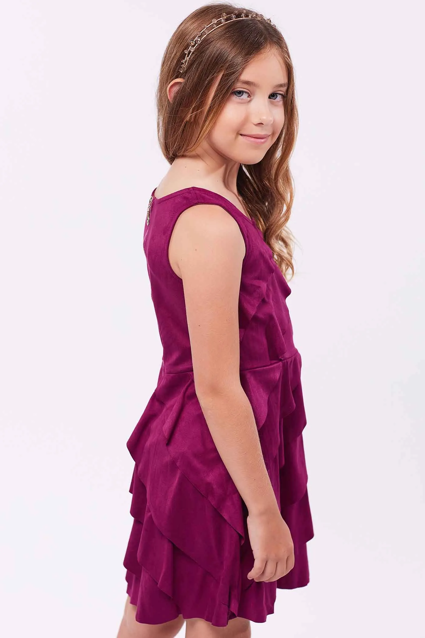 Girls Asymmetrical Ruffle Tiered Sleeveless Suede Dress