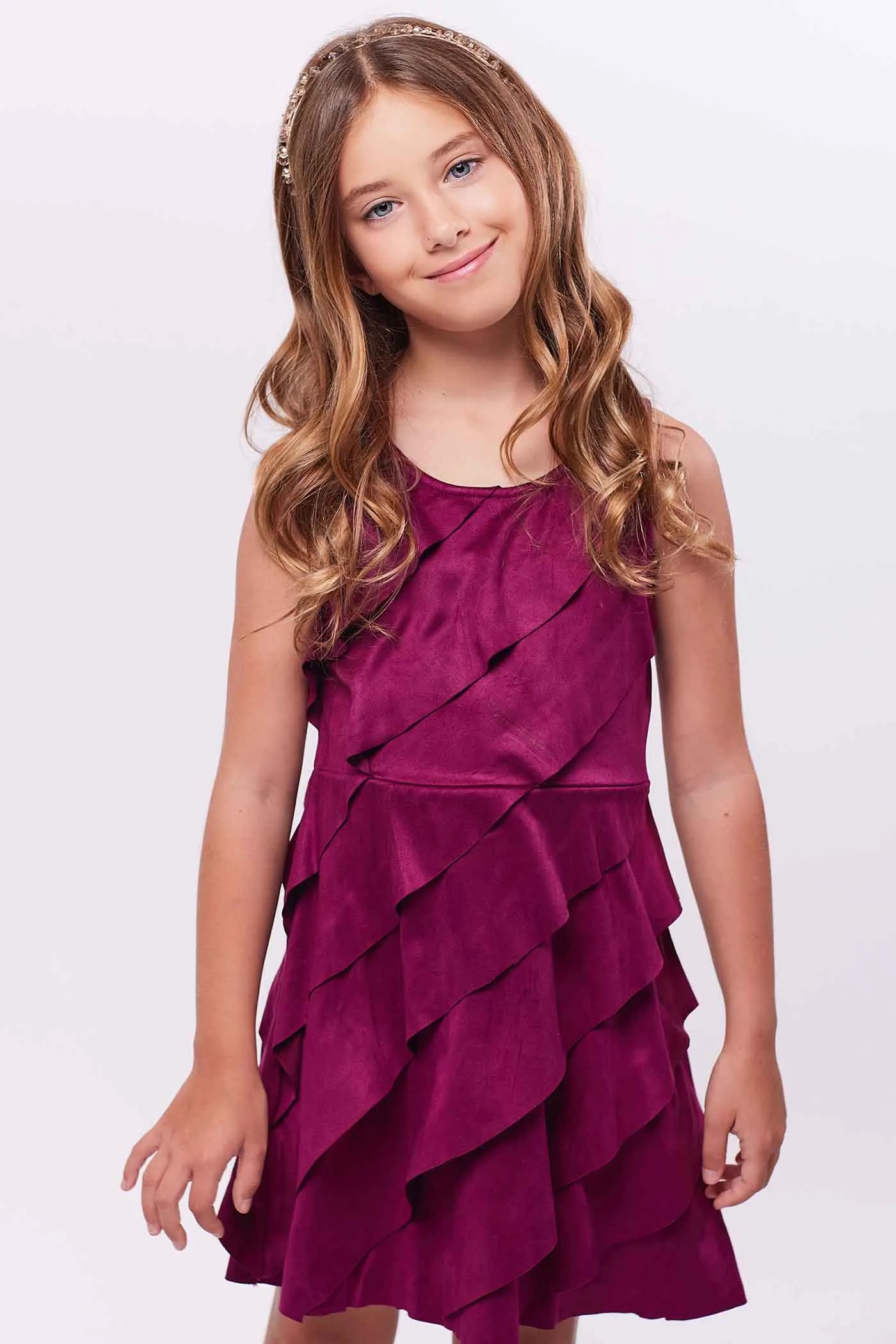 Girls Asymmetrical Ruffle Tiered Sleeveless Suede Dress