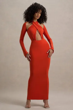 Gita | Orange Halter-Neck Long-Sleeve Maxi Dress Club L London