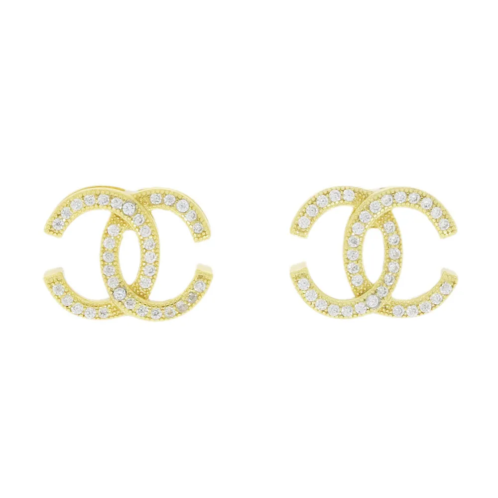 Gold Plated Double C Cubic Zirconia Stud Earrings GVL055