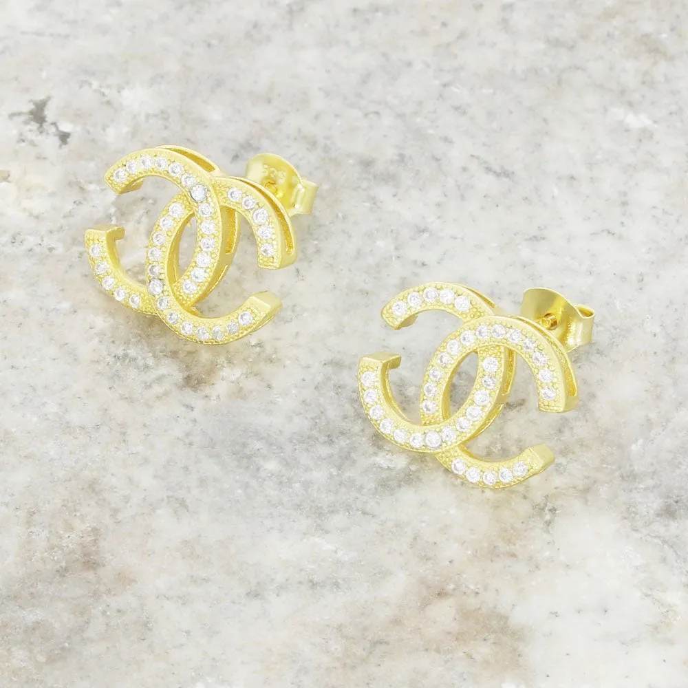 Gold Plated Double C Cubic Zirconia Stud Earrings GVL055