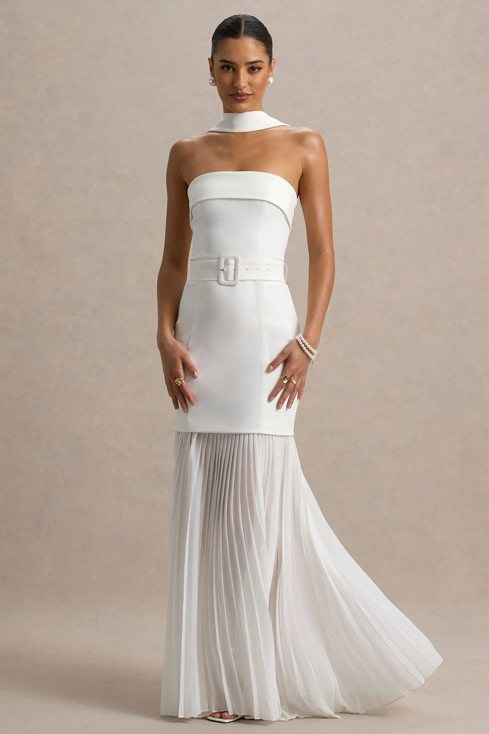 Jaquetta | White Belted Maxi Dress With Pleated Chiffon Skirt Club L London
