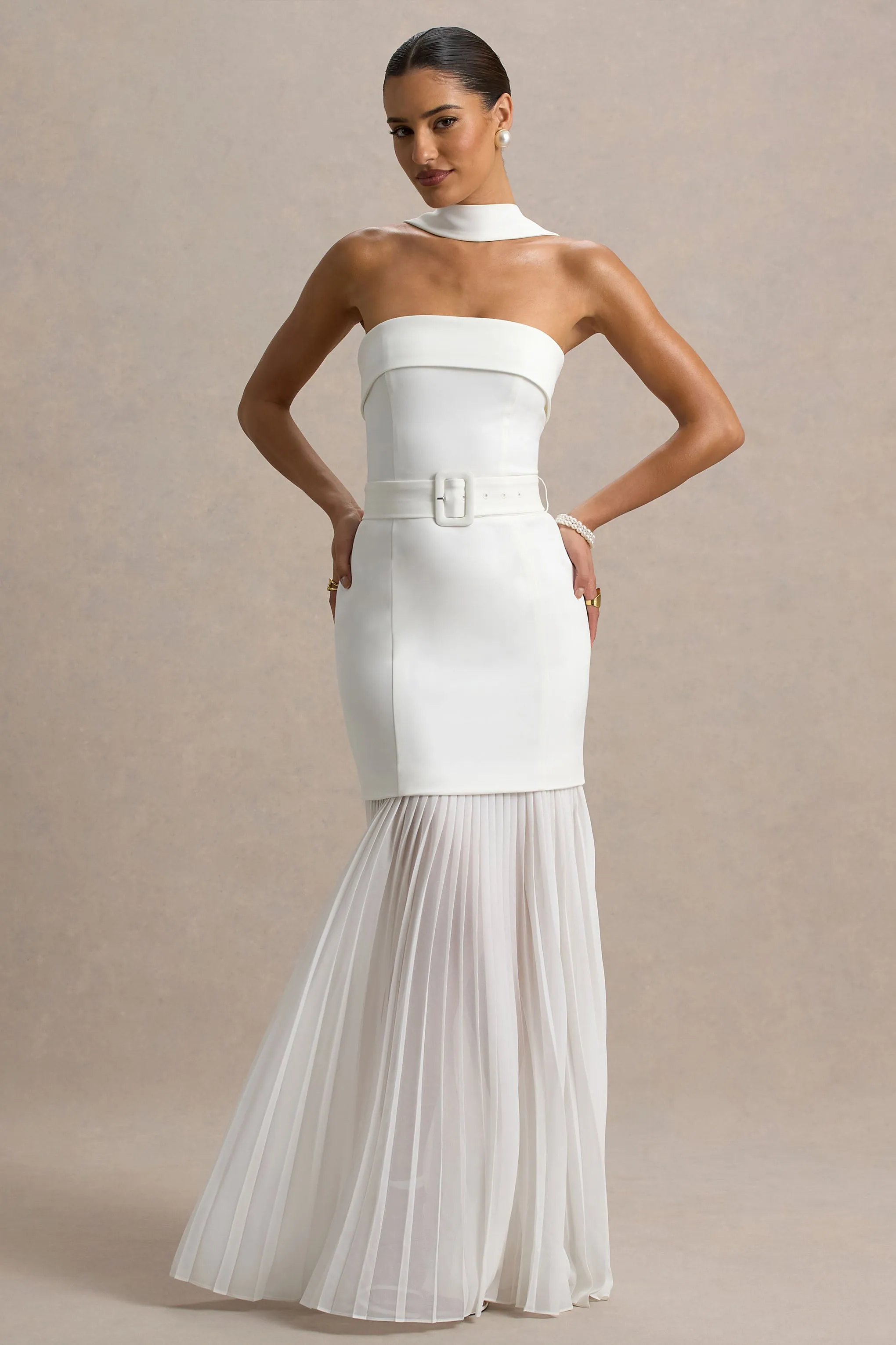 Jaquetta | White Belted Maxi Dress With Pleated Chiffon Skirt Club L London