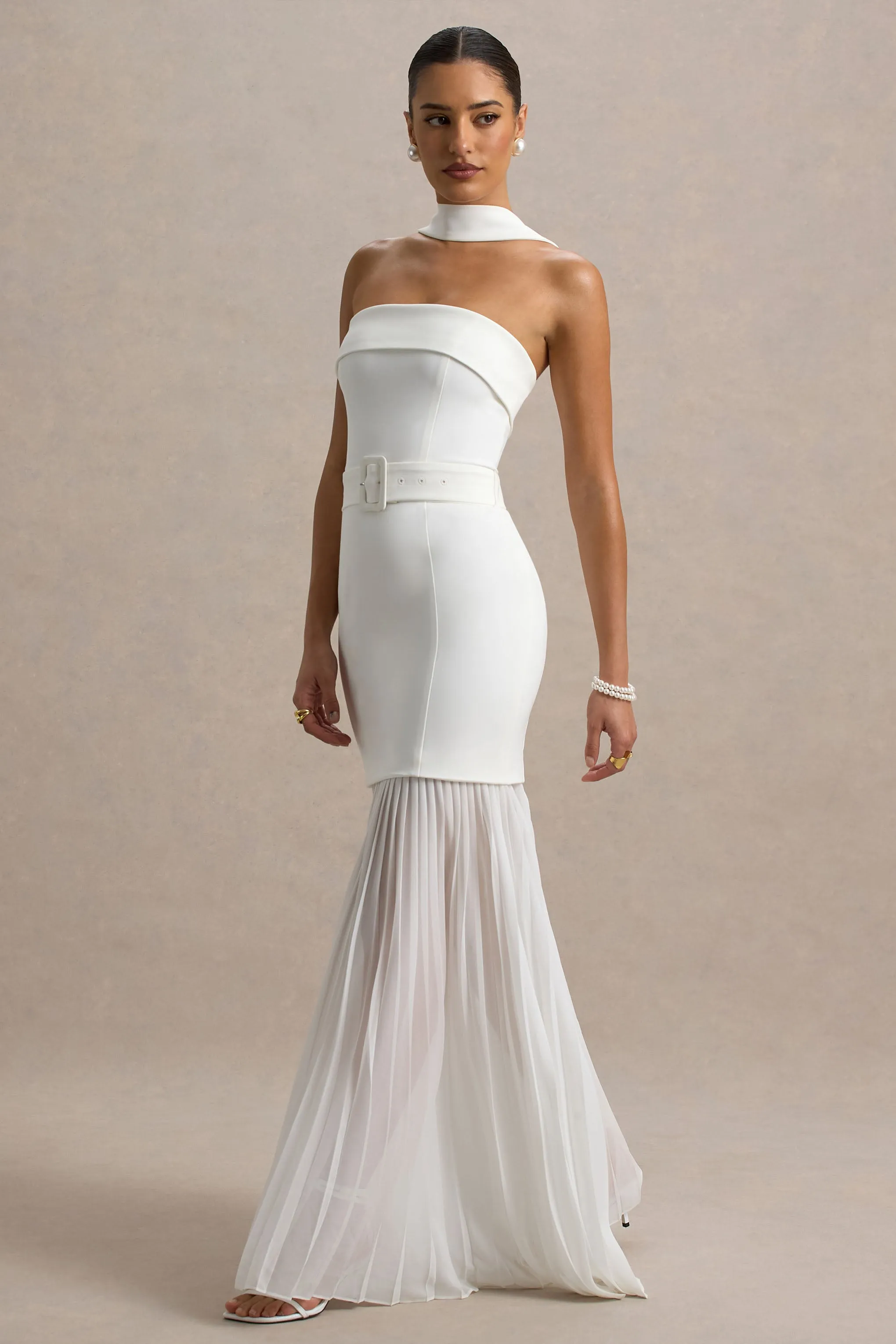 Jaquetta | White Belted Maxi Dress With Pleated Chiffon Skirt Club L London