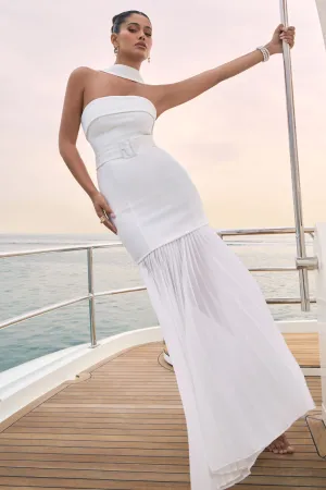 Jaquetta | White Belted Maxi Dress With Pleated Chiffon Skirt Club L London