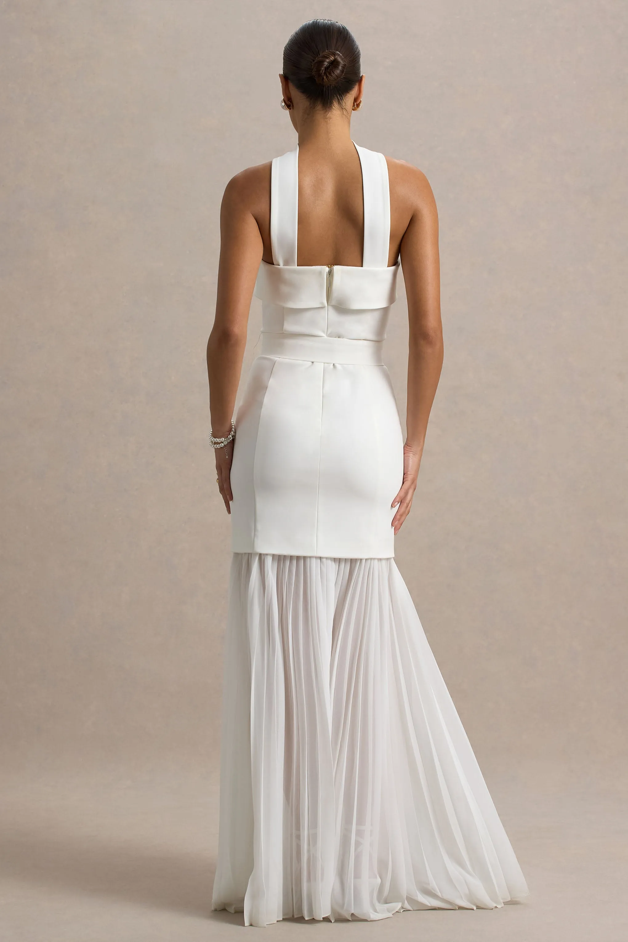 Jaquetta | White Belted Maxi Dress With Pleated Chiffon Skirt Club L London