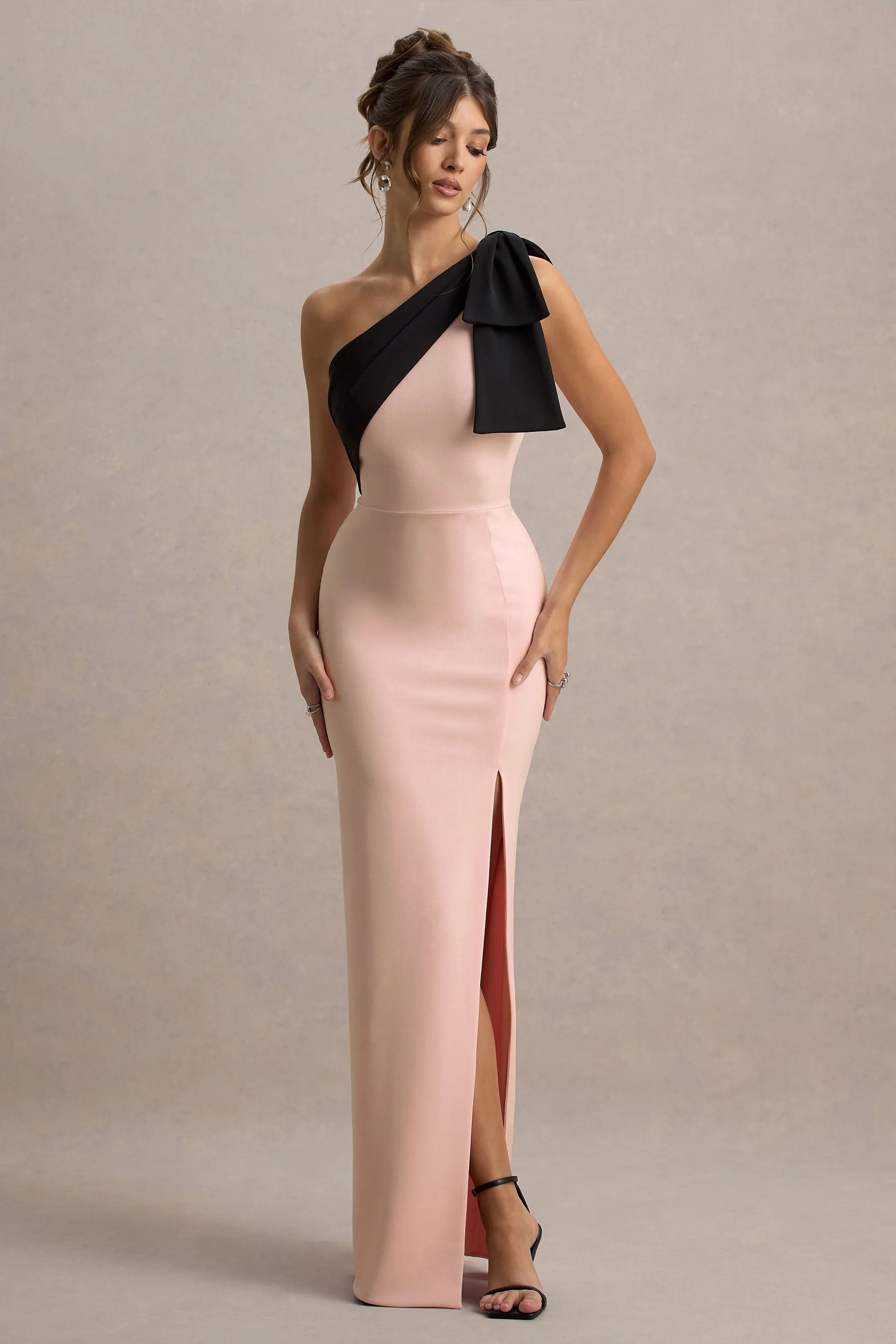 Kiri | Pink & Black One-Shoulder Bow Maxi Dress Club L London