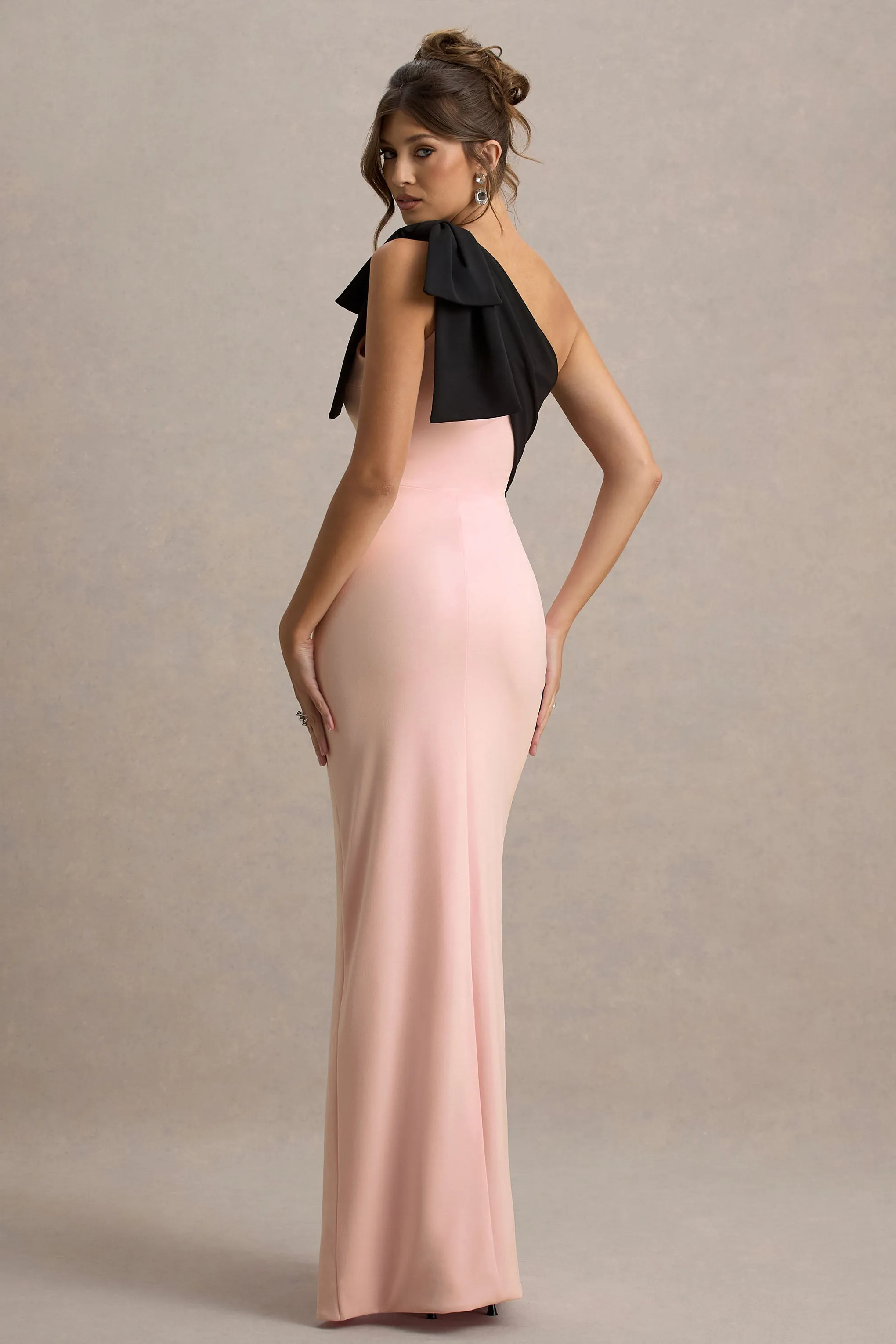 Kiri | Pink & Black One-Shoulder Bow Maxi Dress Club L London