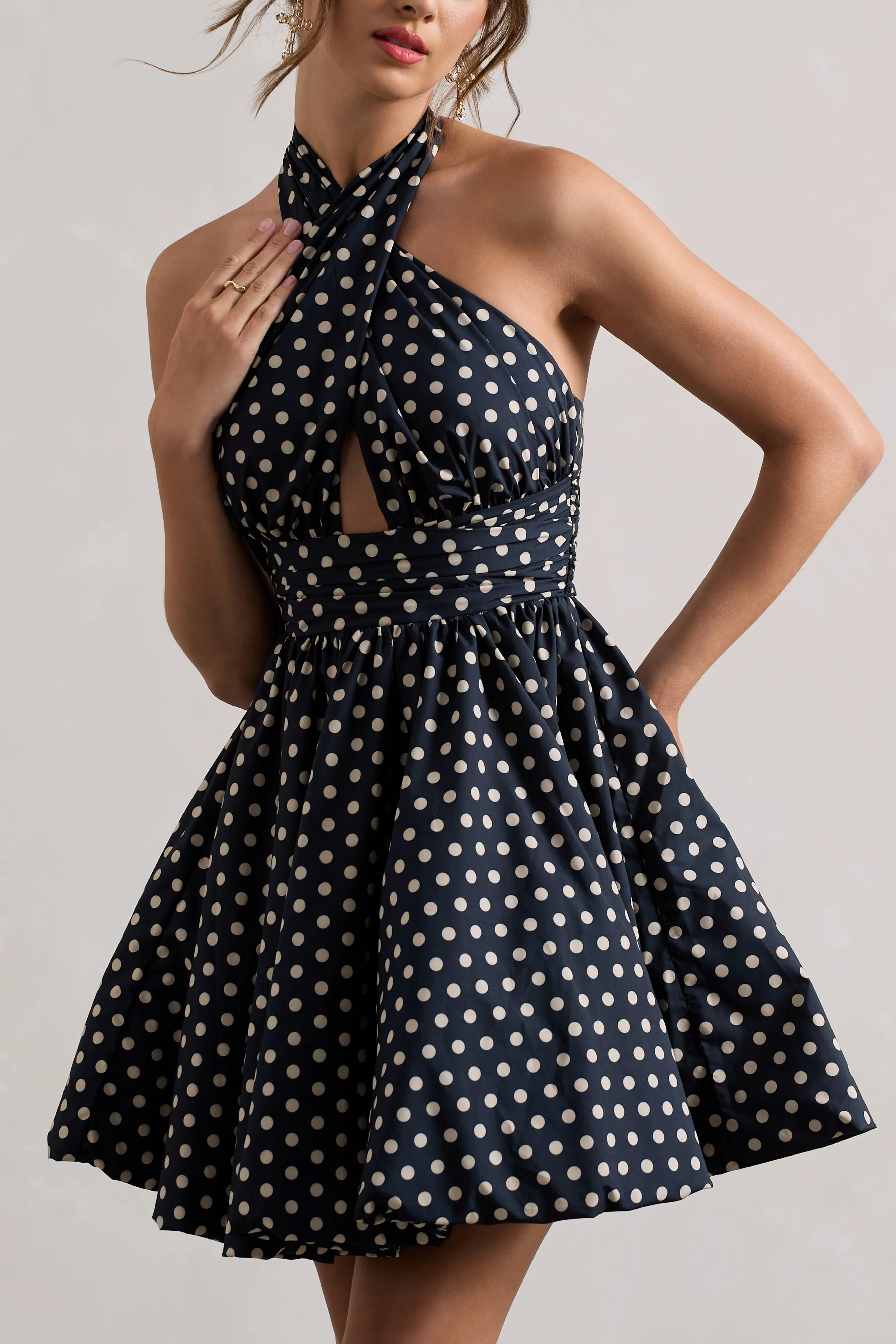 Levie | Navy Polka Dot Halter-Neck Mini Dress Club L London