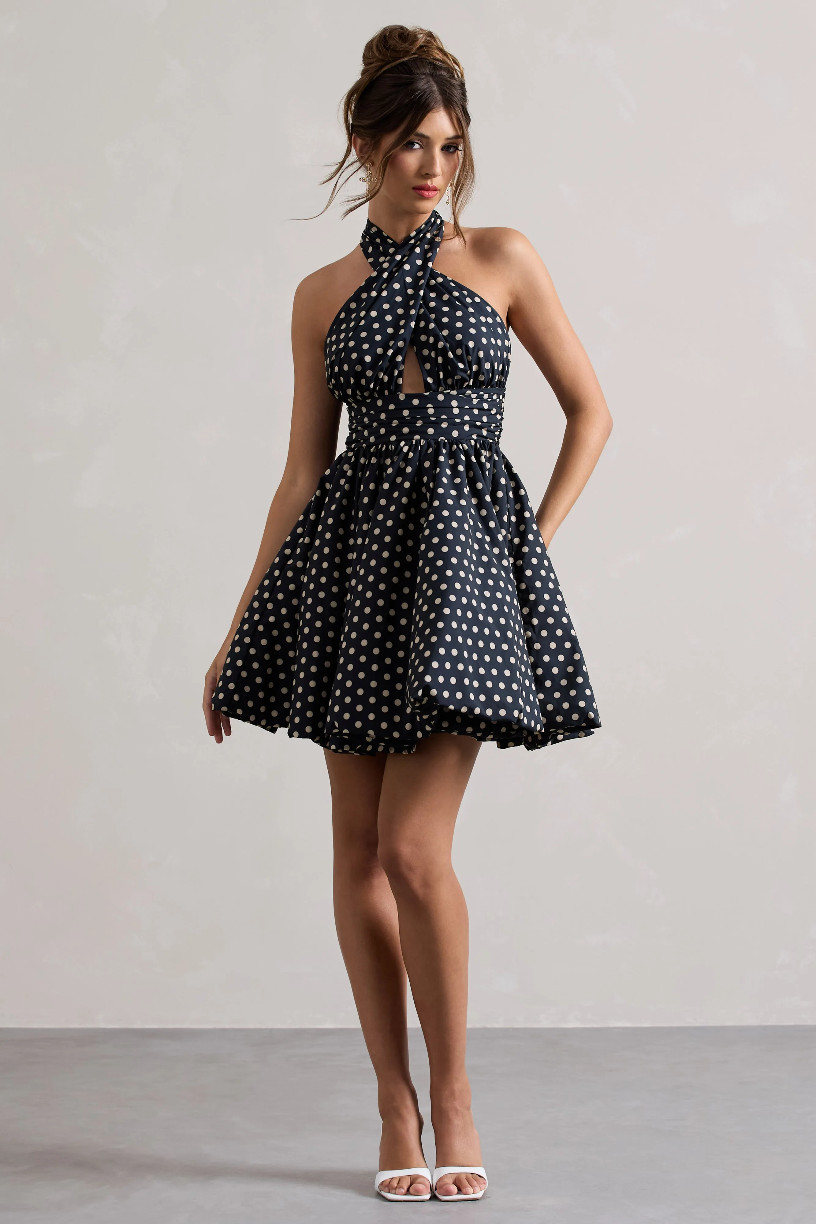 Levie | Navy Polka Dot Halter-Neck Mini Dress Club L London