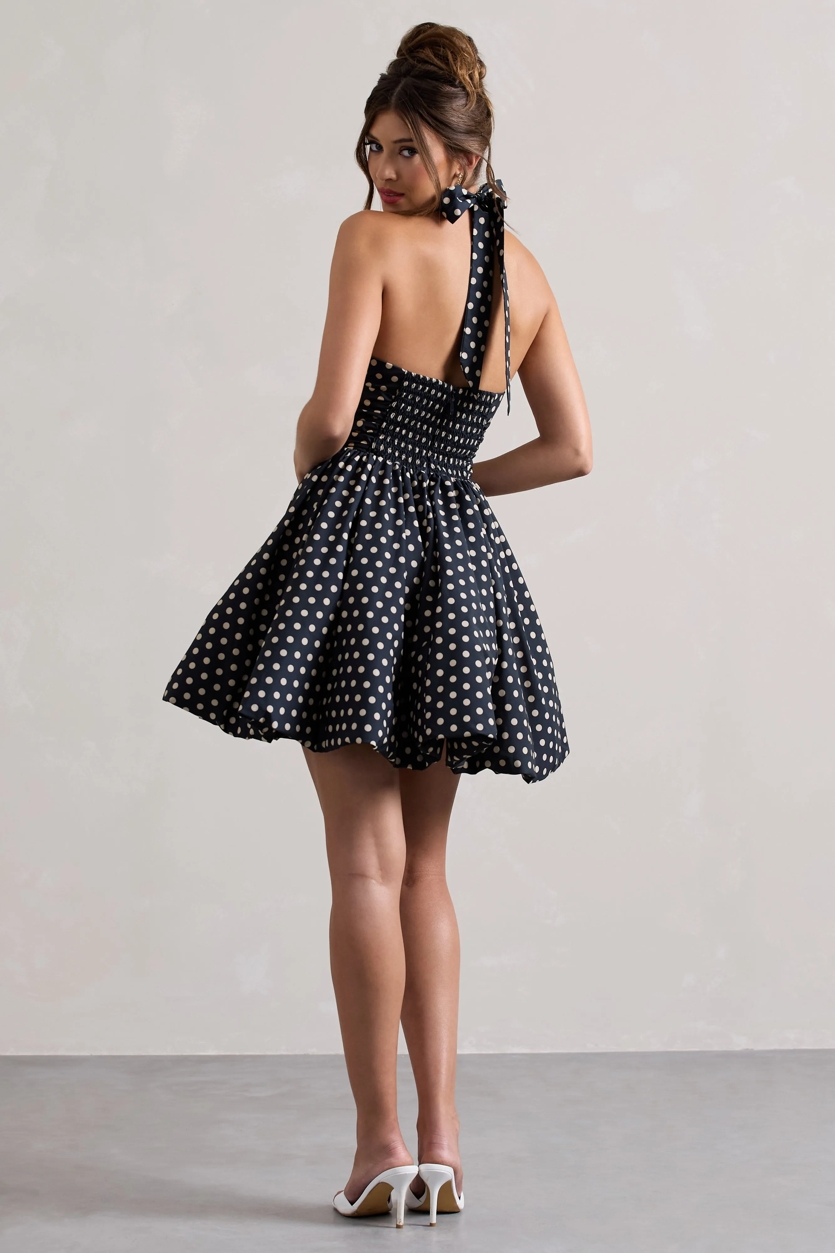 Levie | Navy Polka Dot Halter-Neck Mini Dress Club L London