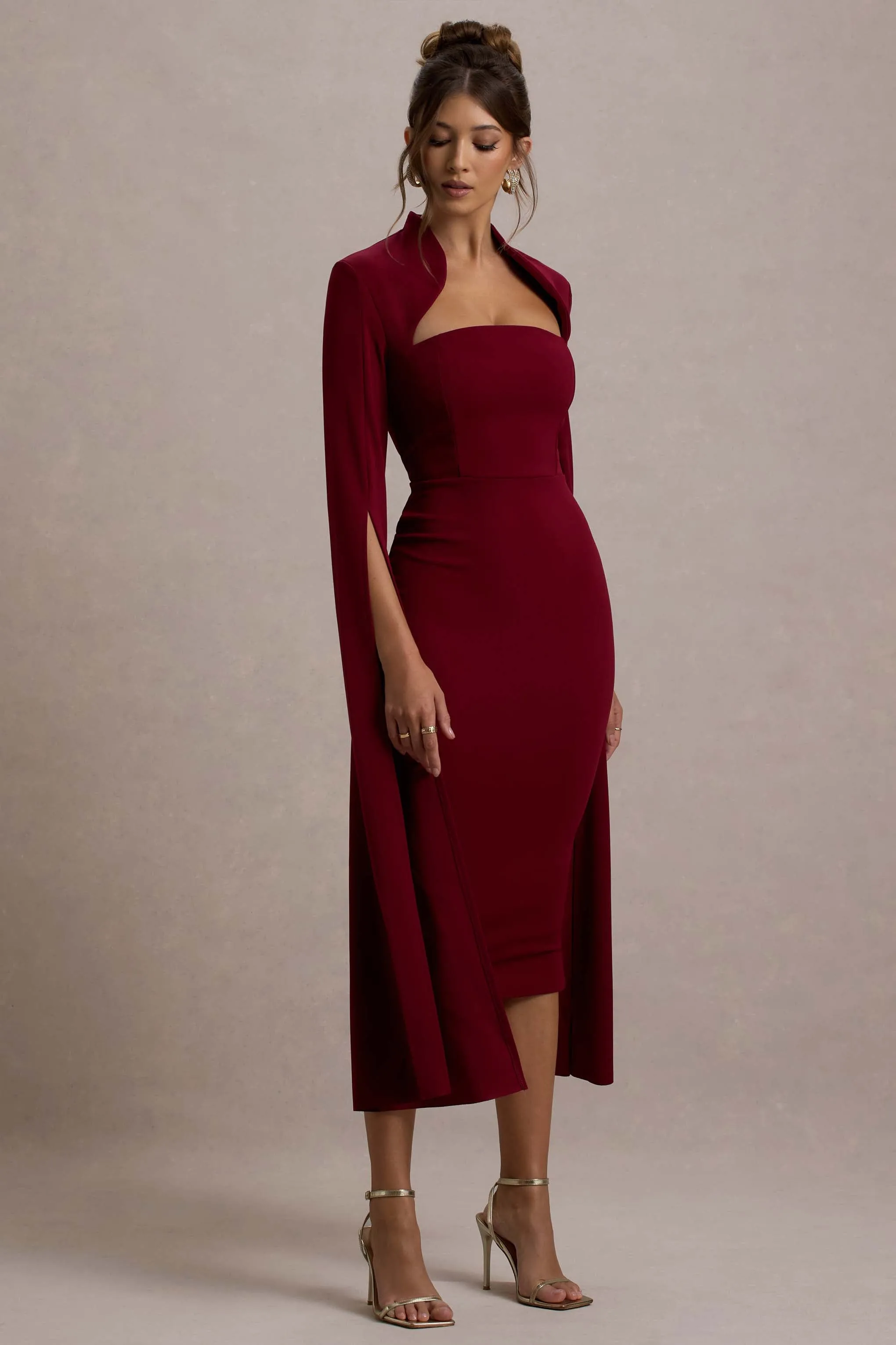 Linden | Berry Bodycon Cape-Sleeve Midi Dress Club L London