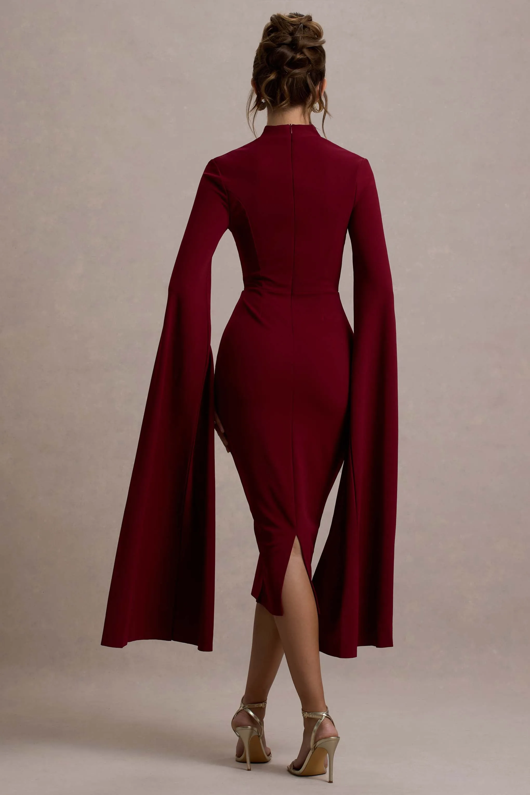 Linden | Berry Bodycon Cape-Sleeve Midi Dress Club L London