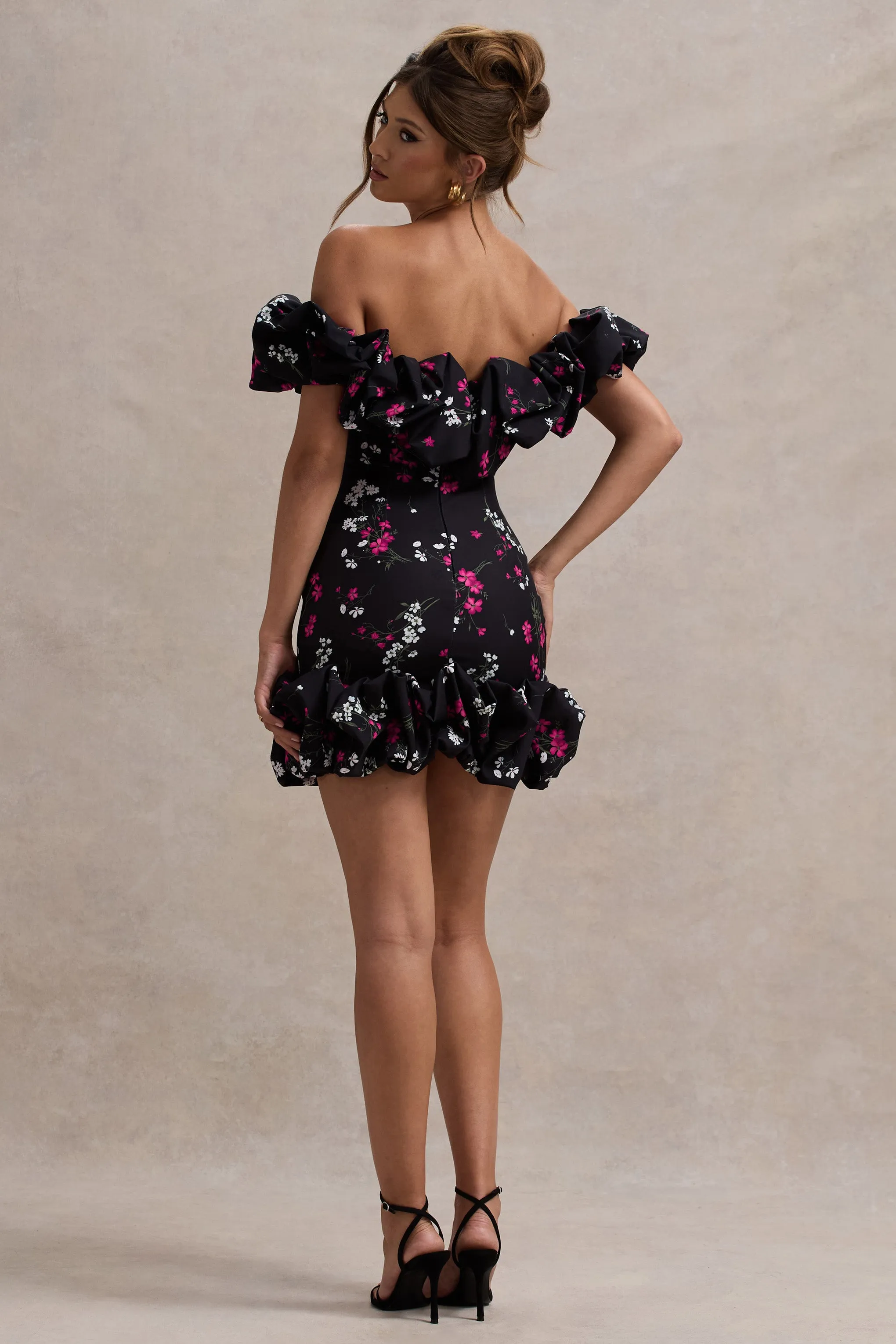 Lindo | Black Ditsy Floral Print Ruffled Bardot Mini Dress Club L London
