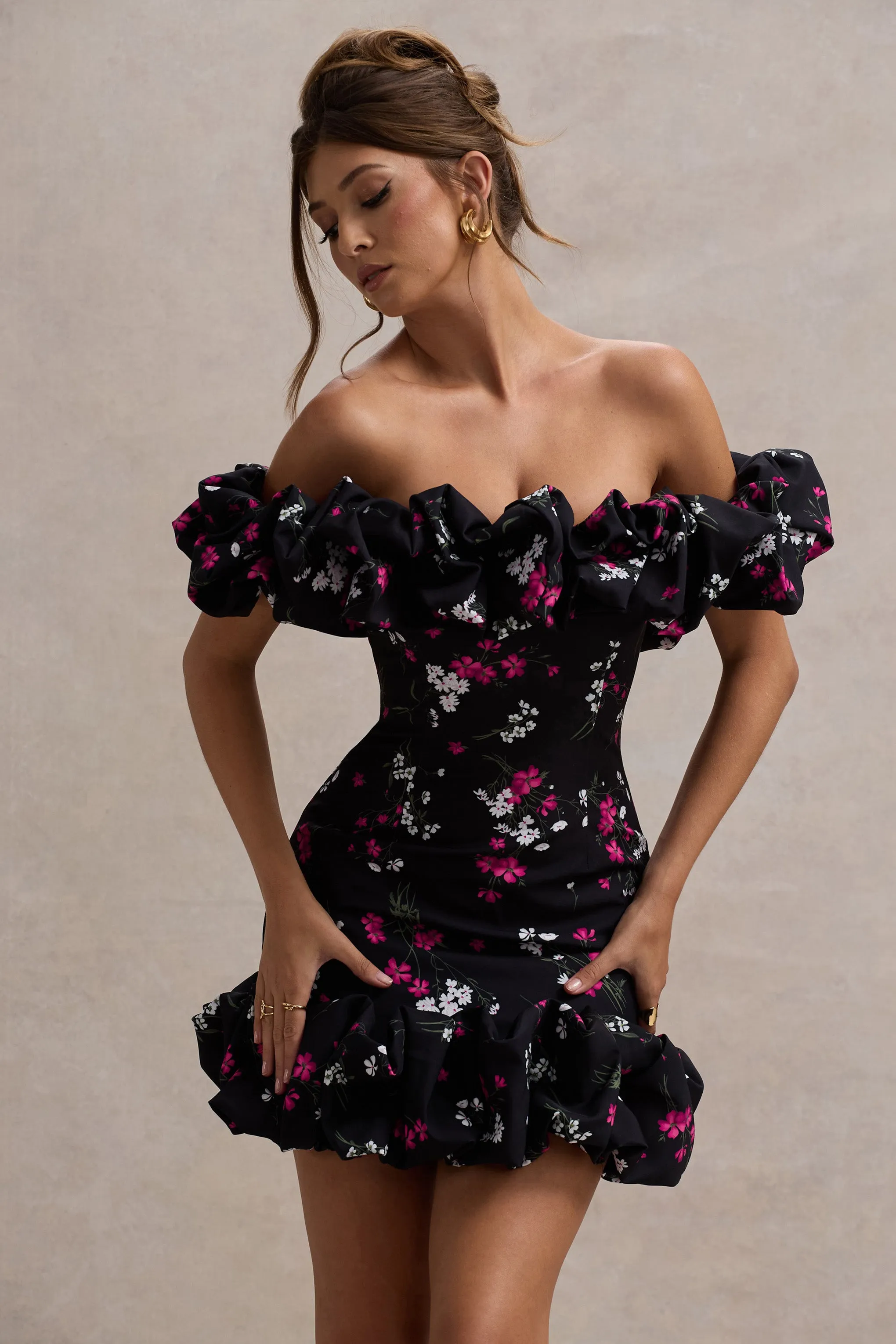 Lindo | Black Ditsy Floral Print Ruffled Bardot Mini Dress Club L London