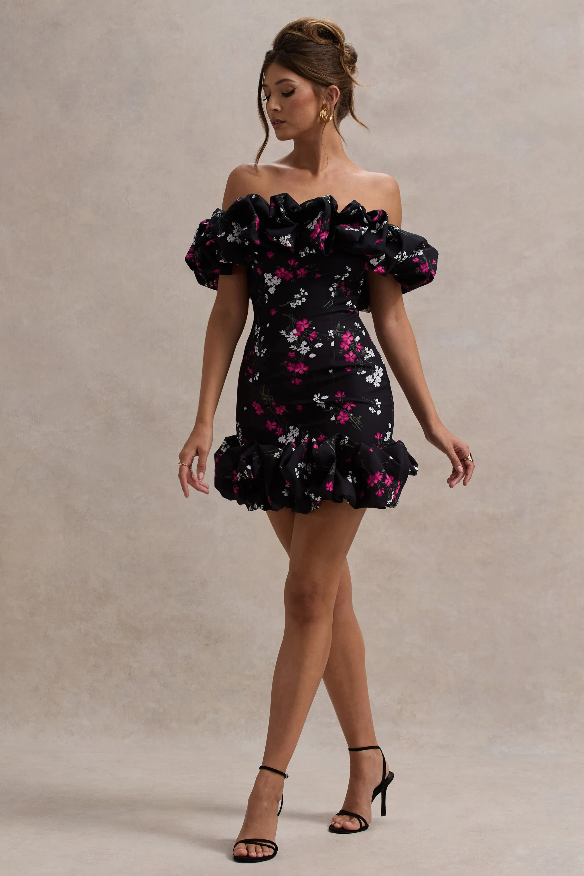 Lindo | Black Ditsy Floral Print Ruffled Bardot Mini Dress Club L London