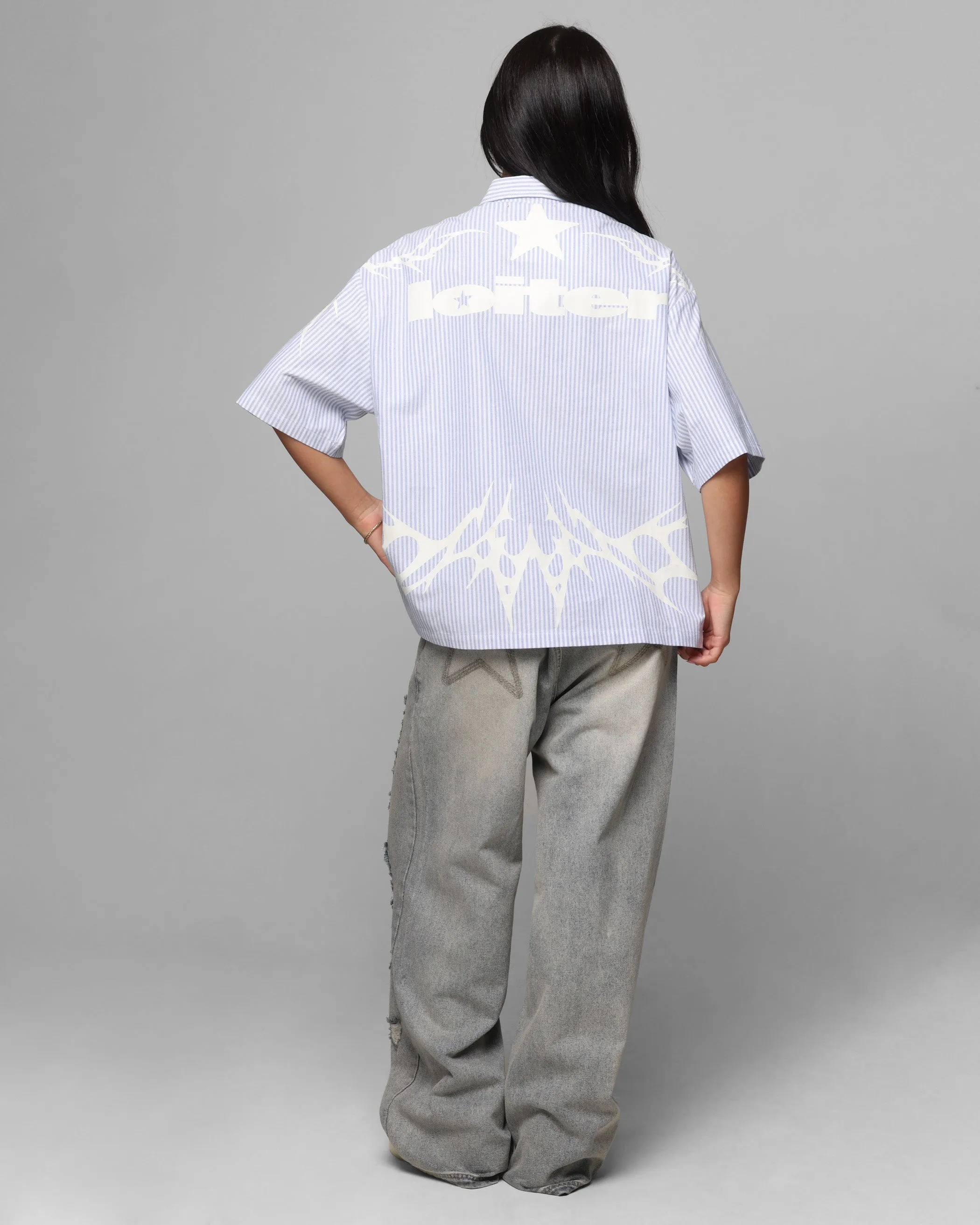 Loiter Cyber Zip Up Short Sleeve Shirt Blue Pin Stripe