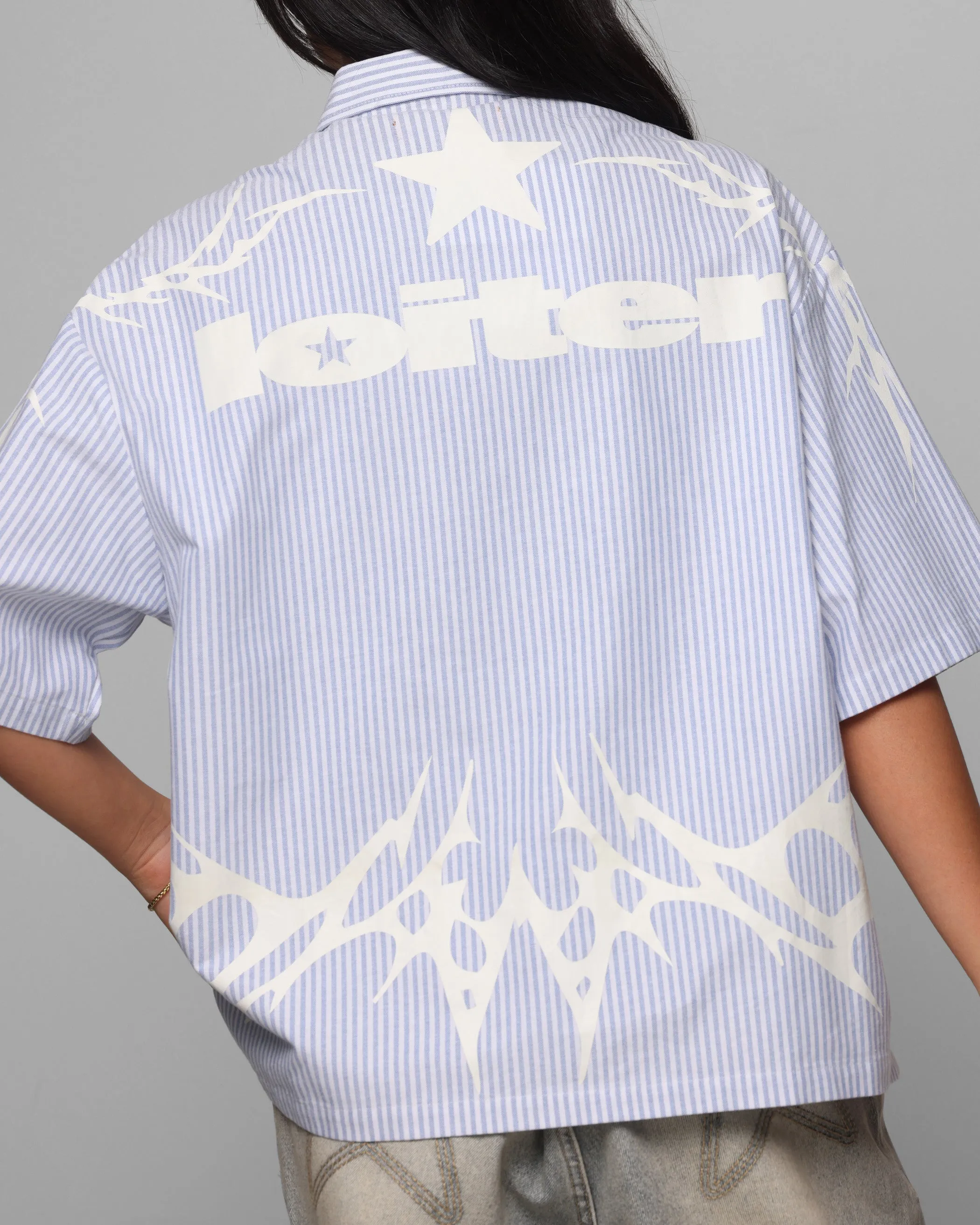 Loiter Cyber Zip Up Short Sleeve Shirt Blue Pin Stripe