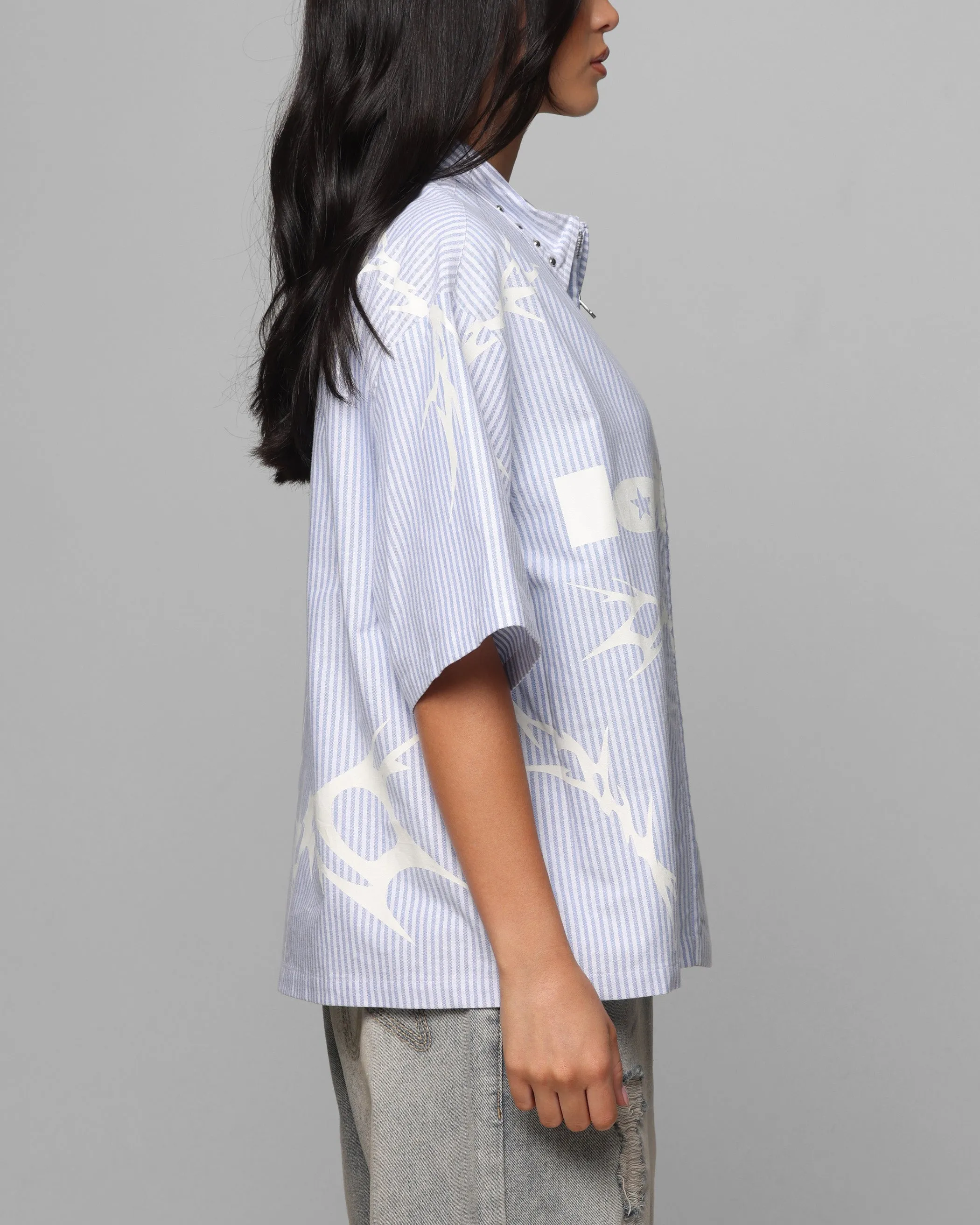 Loiter Cyber Zip Up Short Sleeve Shirt Blue Pin Stripe