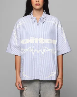 Loiter Cyber Zip Up Short Sleeve Shirt Blue Pin Stripe