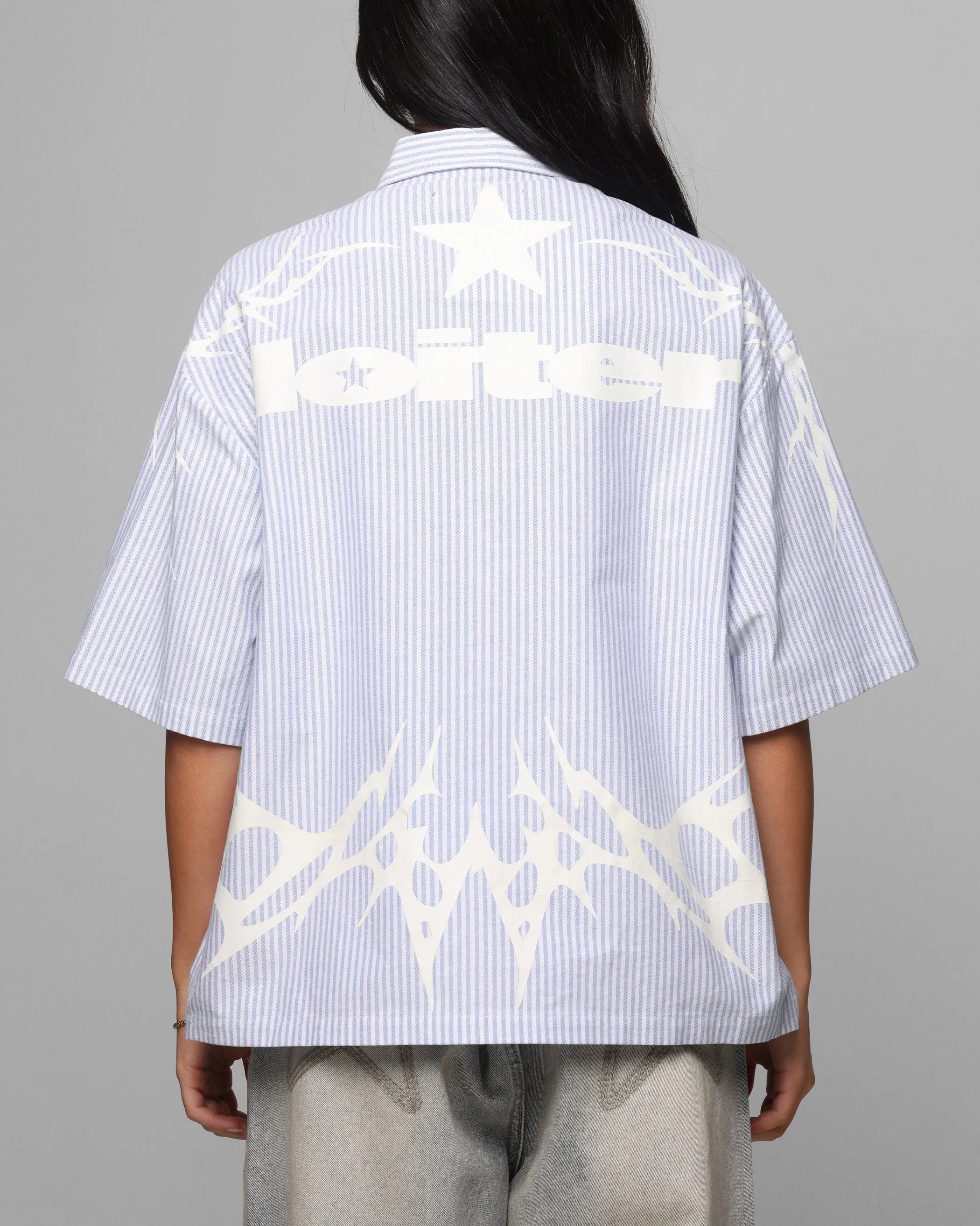 Loiter Cyber Zip Up Short Sleeve Shirt Blue Pin Stripe