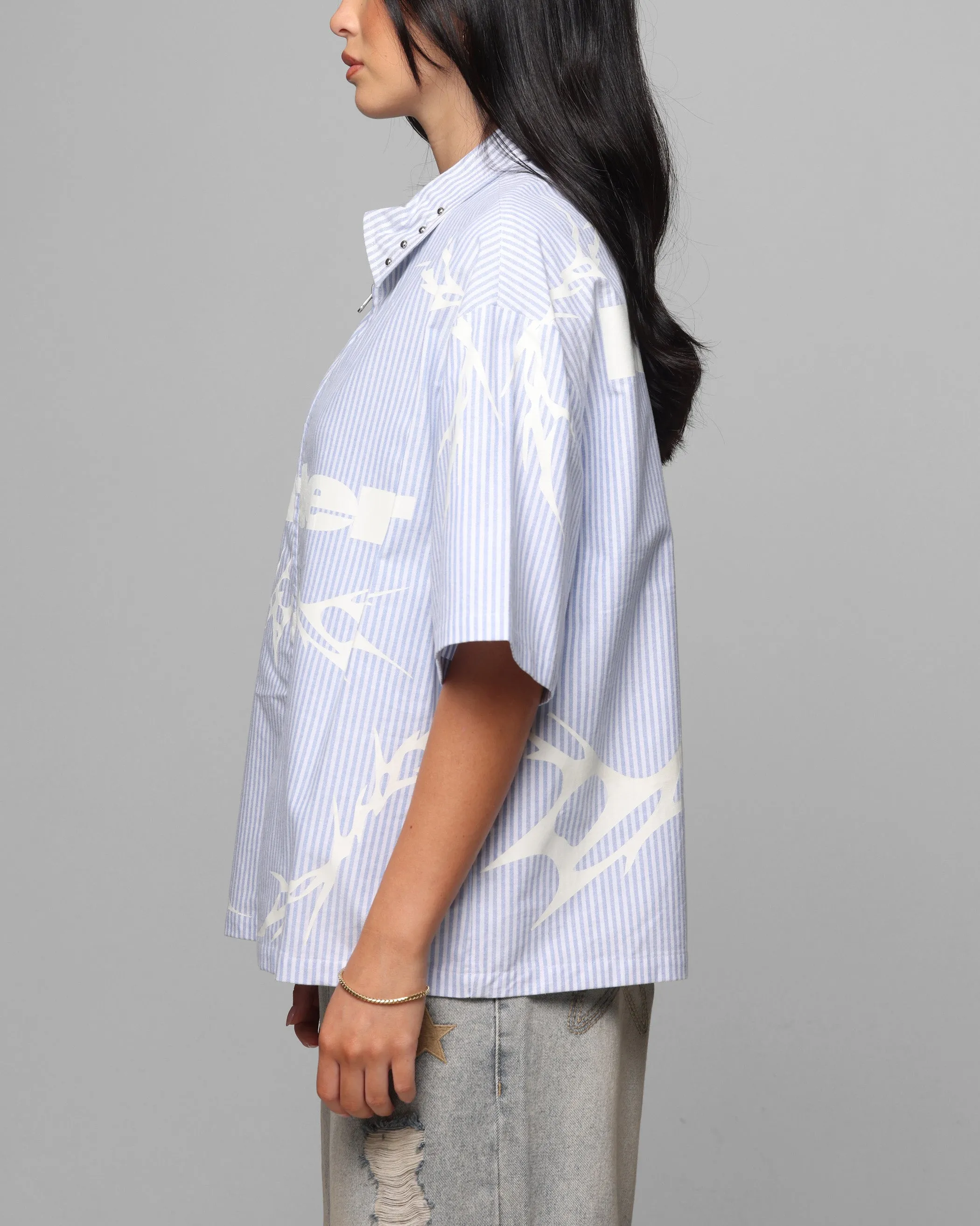 Loiter Cyber Zip Up Short Sleeve Shirt Blue Pin Stripe