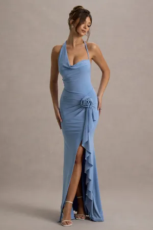 Lucena | Powder Blue Cowl-Neck Wrap Maxi Dress With Floral Drape Club L London