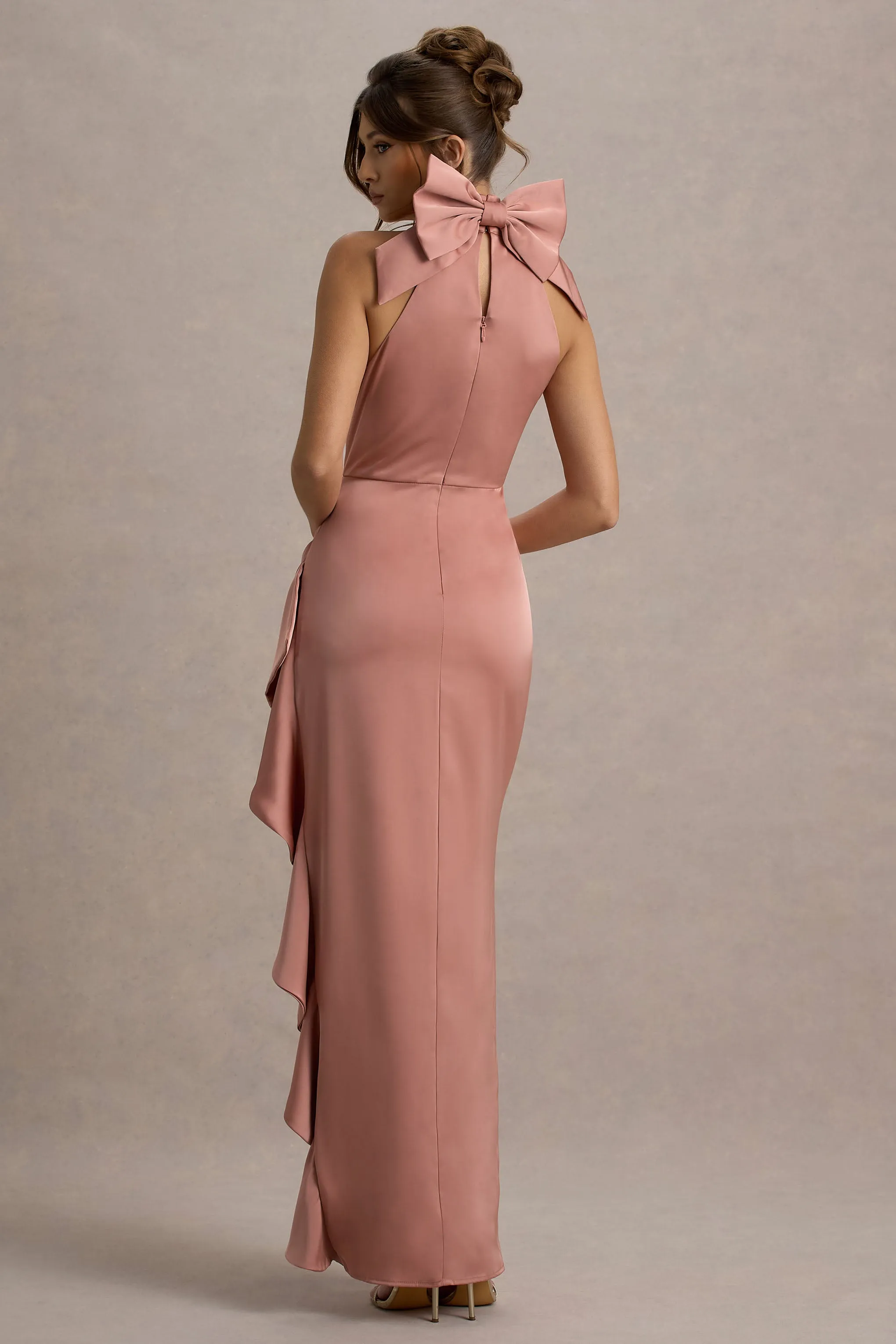 Maureen | Pink Satin High-Neck Draped Maxi Dress Club L London