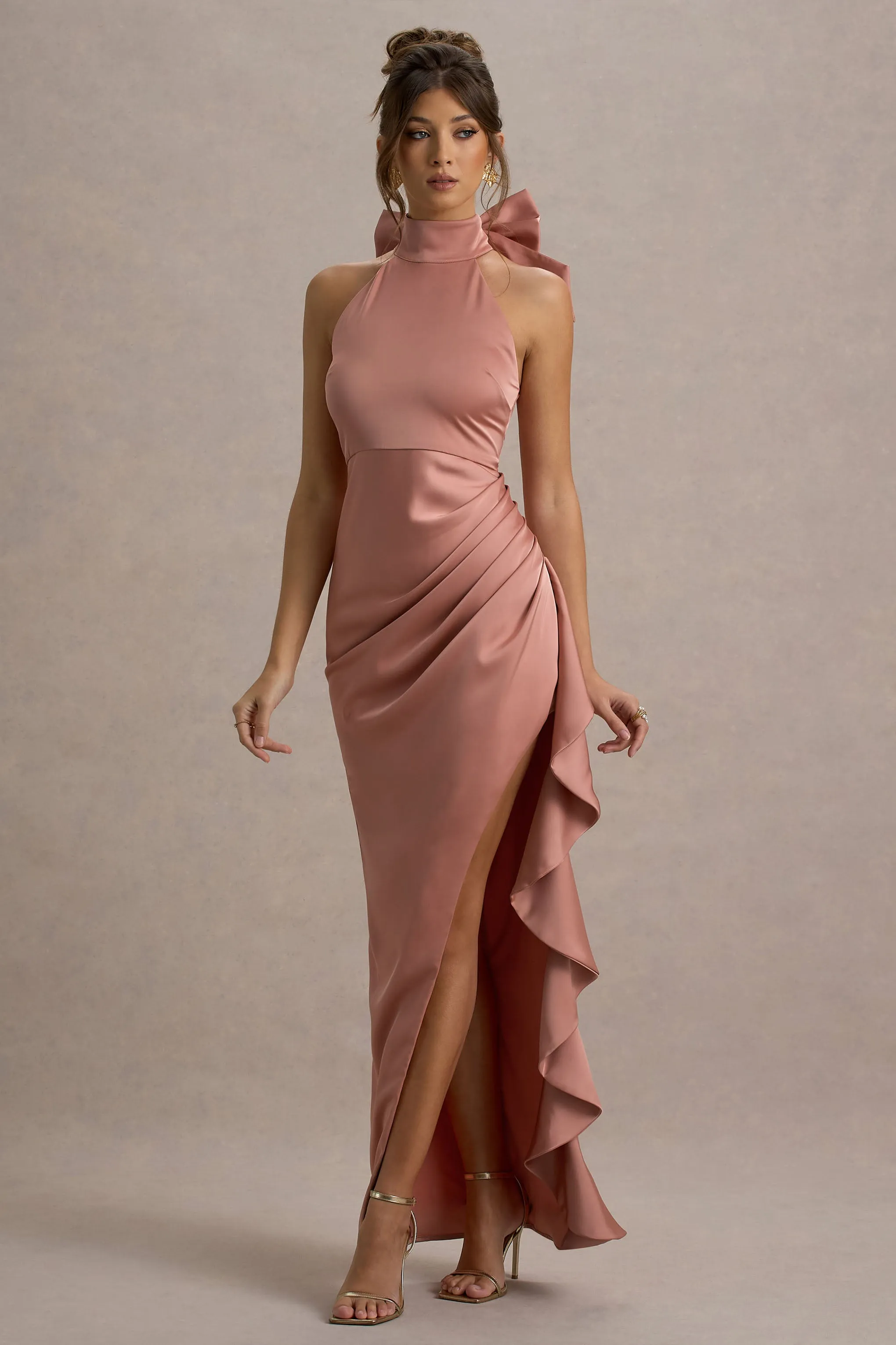 Maureen | Pink Satin High-Neck Draped Maxi Dress Club L London