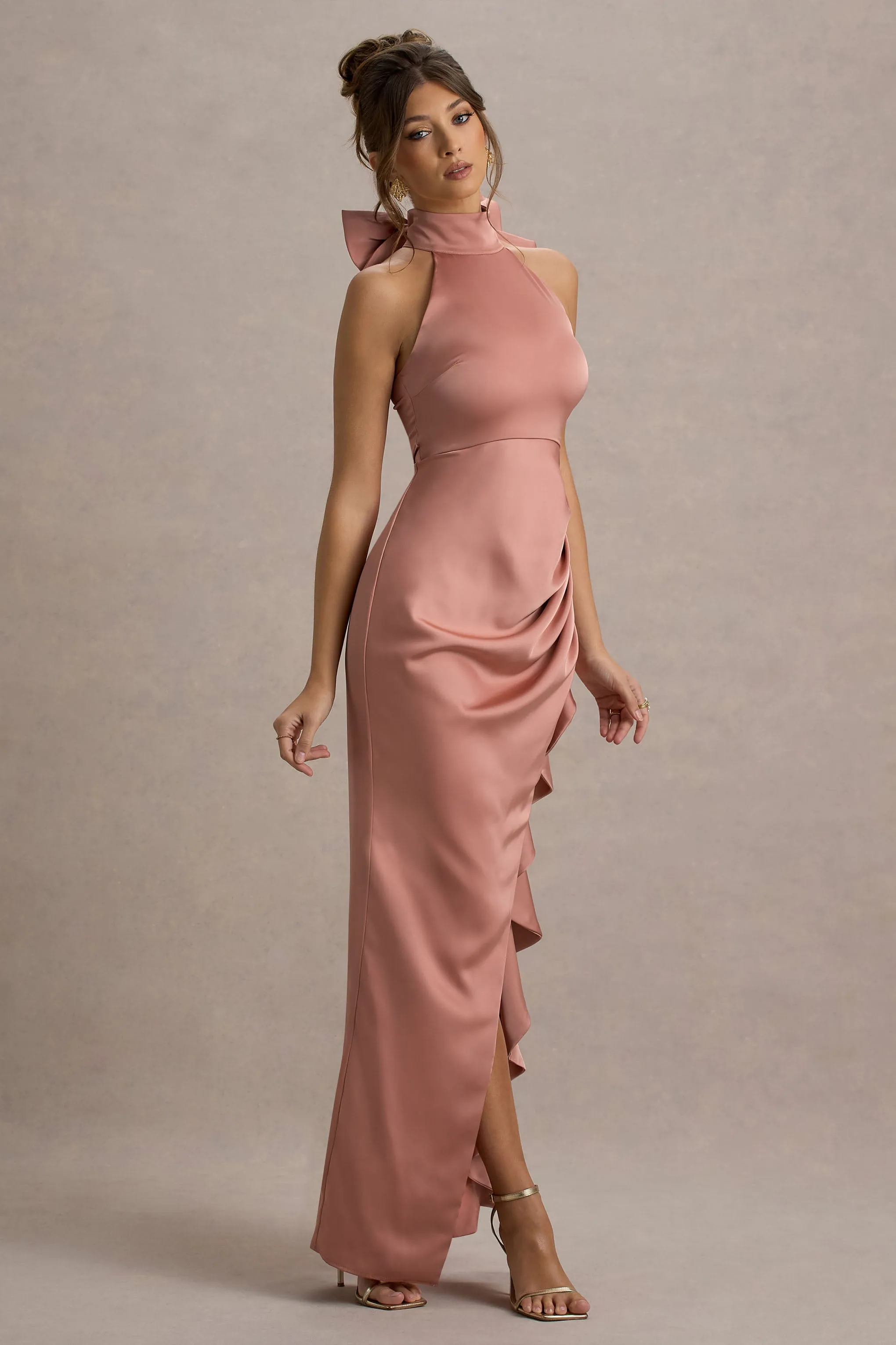 Maureen | Pink Satin High-Neck Draped Maxi Dress Club L London