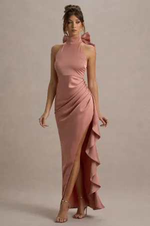 Maureen | Pink Satin High-Neck Draped Maxi Dress Club L London