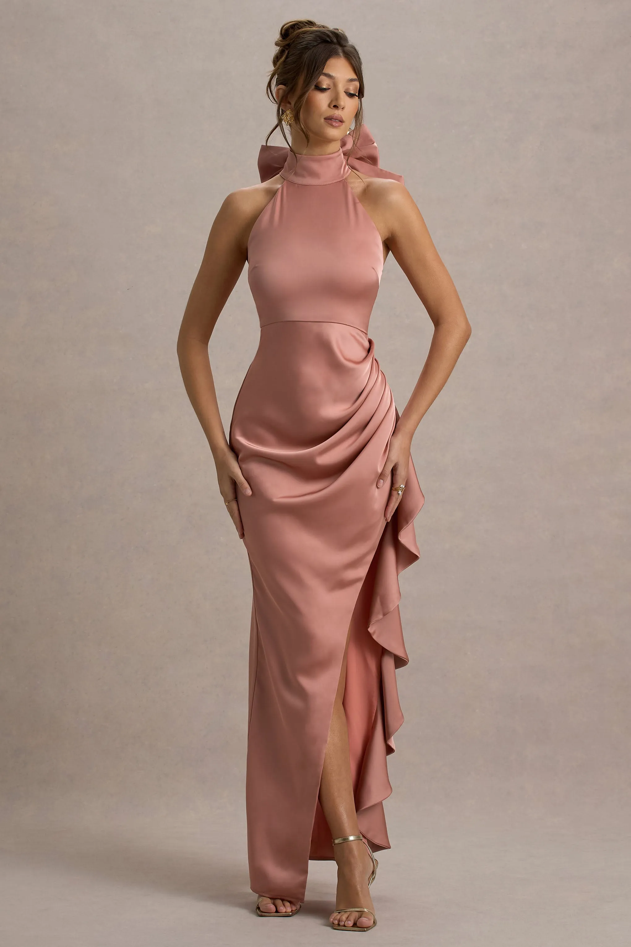 Maureen | Pink Satin High-Neck Draped Maxi Dress Club L London