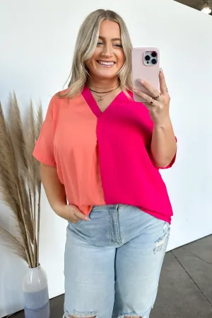 Mirellah Short Sleeve V-Neck Color Block Top | CURVE - FINAL SALE