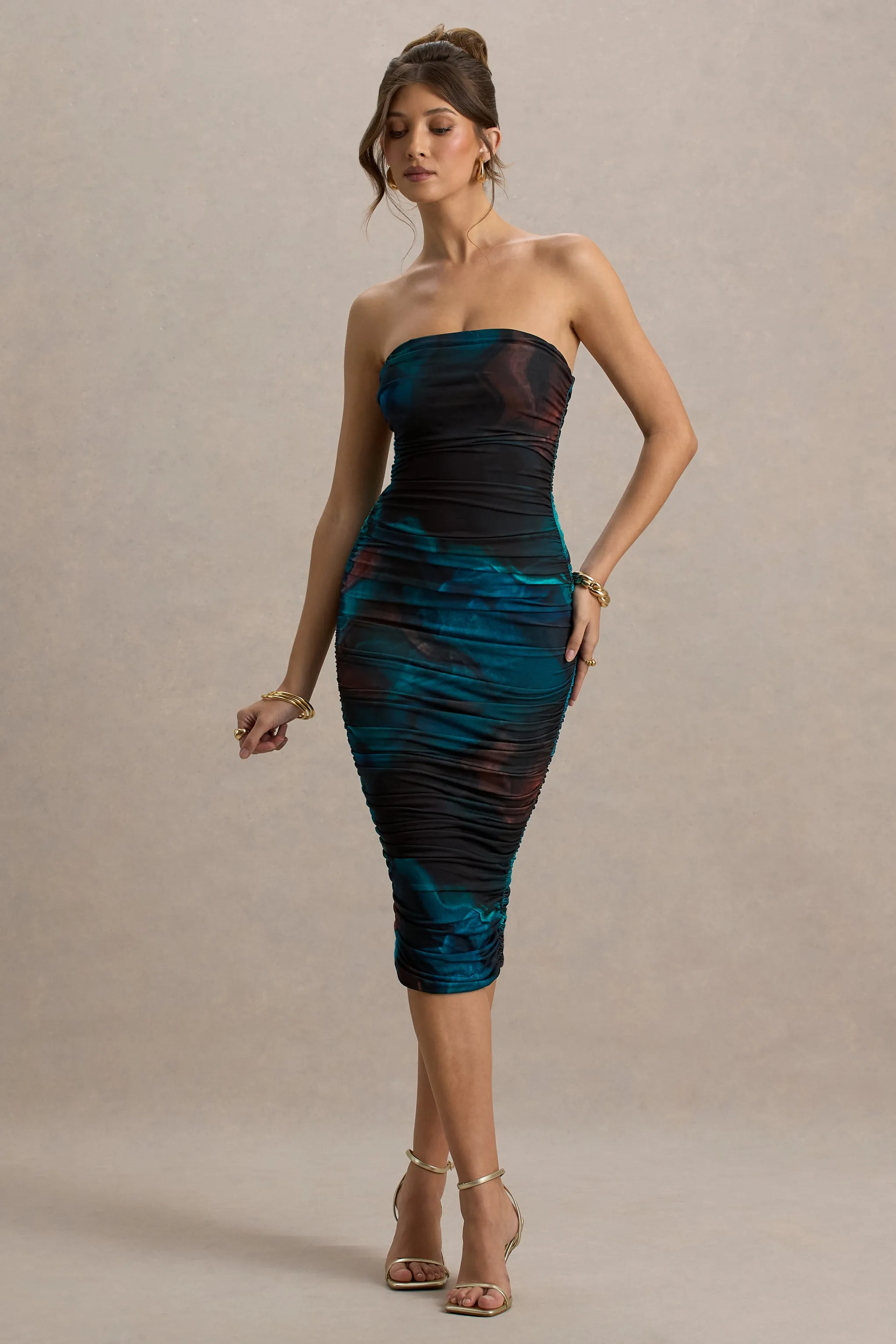 My Girl | Blue Print Strapless Bodycon Ruched Mesh Midi Dress Club L London