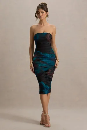 My Girl | Blue Print Strapless Bodycon Ruched Mesh Midi Dress Club L London