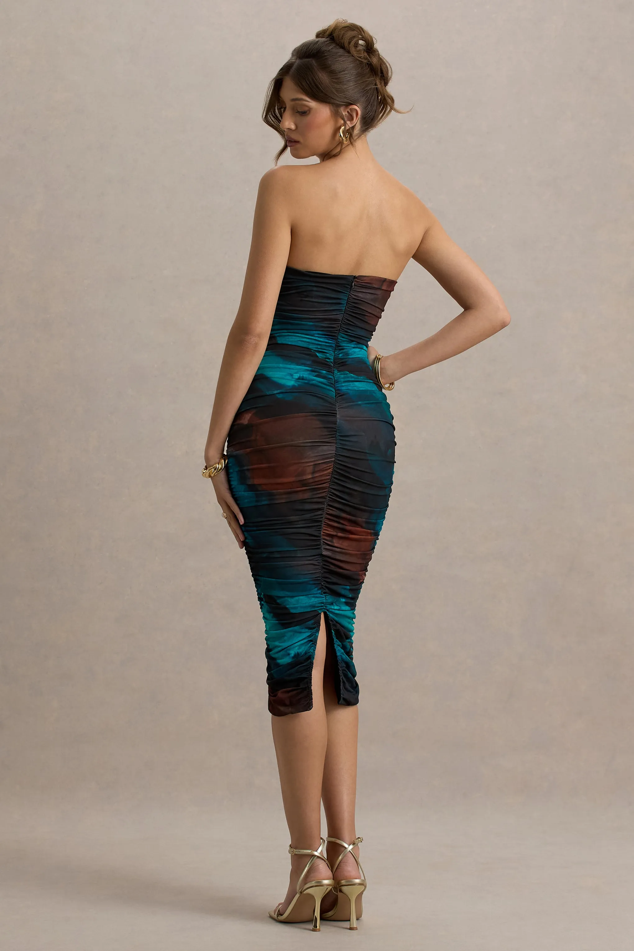 My Girl | Blue Print Strapless Bodycon Ruched Mesh Midi Dress Club L London
