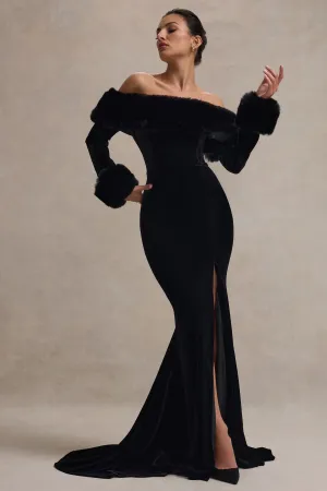 Mystique | Black Bardot Split Maxi Dress With Fur Trims Club L London
