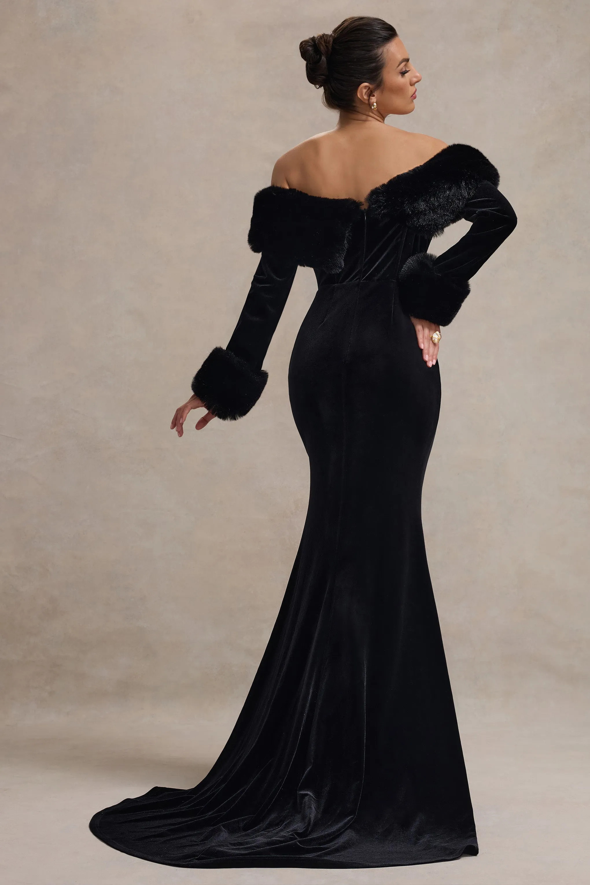 Mystique | Black Bardot Split Maxi Dress With Fur Trims Club L London